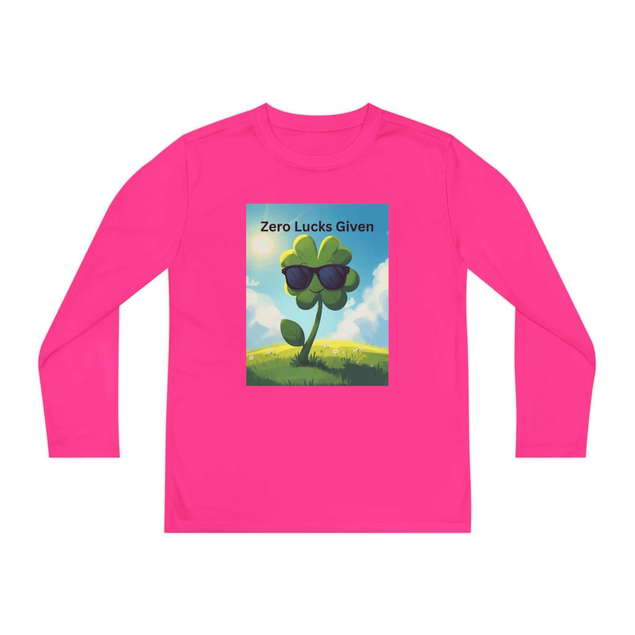 Zero Lucks Given Youth Long Sleeve Tee, Fun Graphic Shirt, Clover Print Top, Gift for Kids, Statement Tee, Birthday Gift