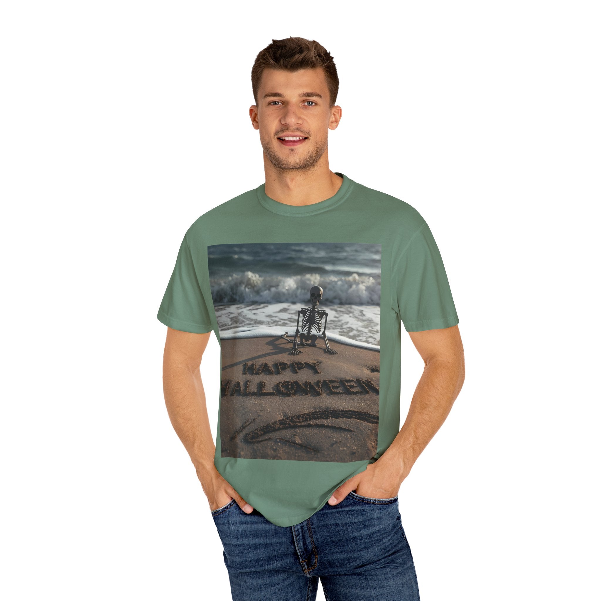 Halloween Beach Skeleton Vibes Unisex T-Shirt, Spooky Summer Tee, Fun Halloween Shirt, Beachwear, Casual Halloween Outfit