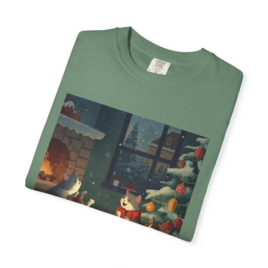 Cozy Winter Cat T-shirt, Unisex Garment-Dyed Shirt, Holiday Gift, Christmas Apparel, Cat Lover Tee, Festive Casual Wear