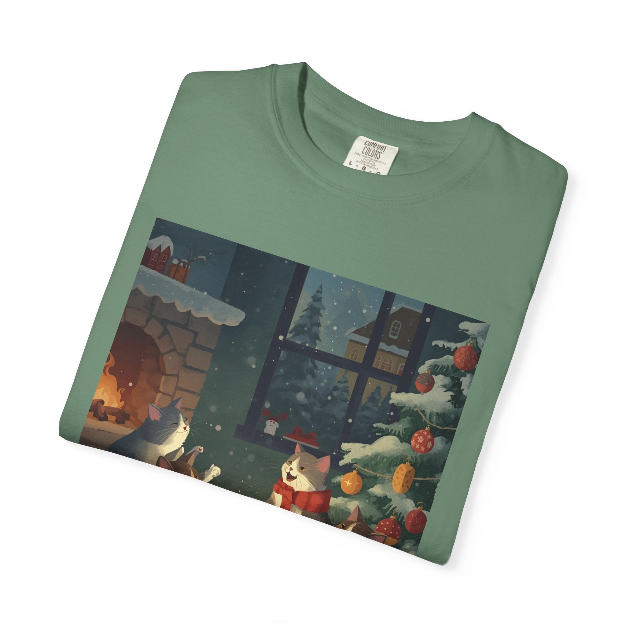 Cozy Winter Cat T-shirt, Unisex Garment-Dyed Shirt, Holiday Gift, Christmas Apparel, Cat Lover Tee, Festive Casual Wear