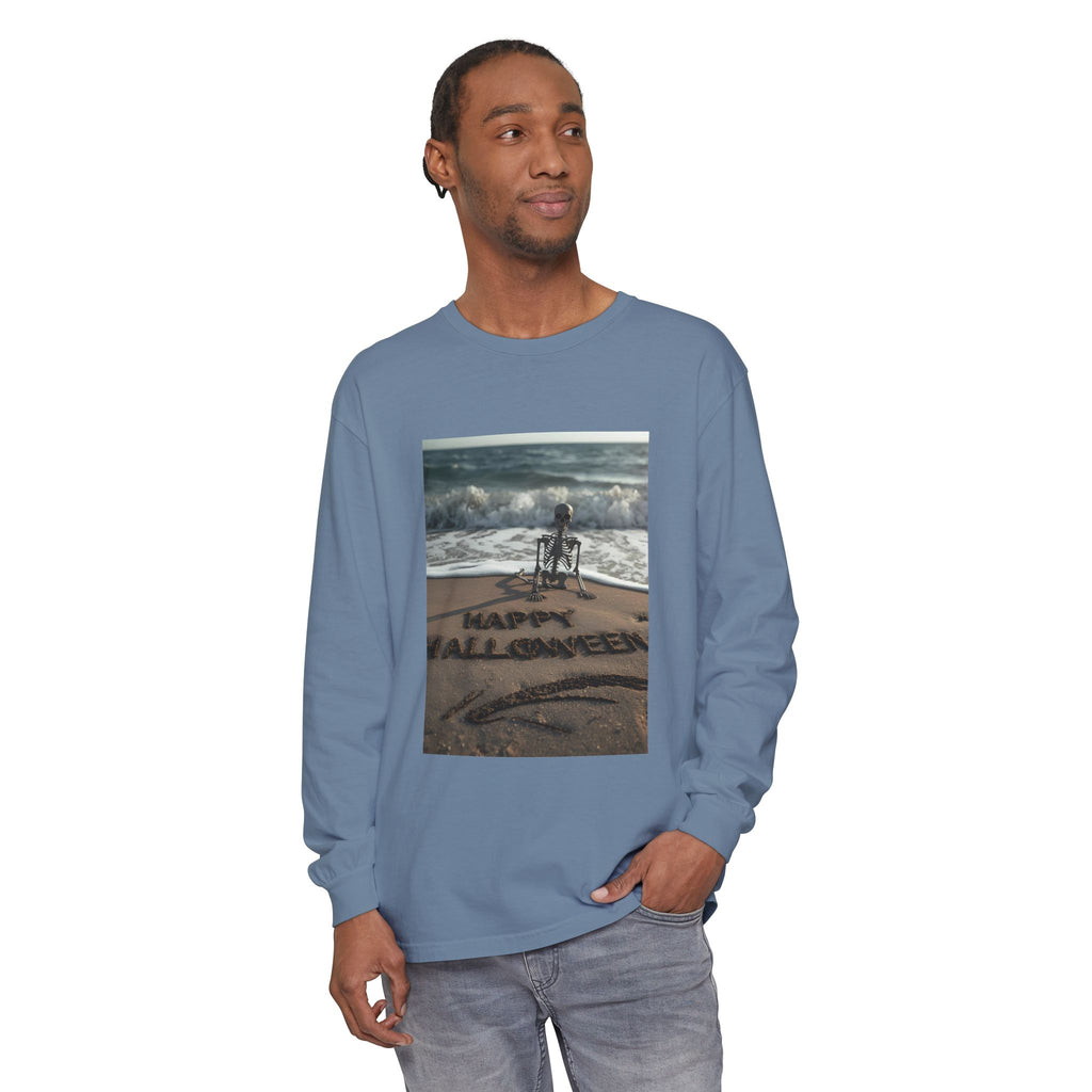 Happy Halloween Beach Skeleton Vibes Unisex Garment-dyed Long Sleeve T-Shirt