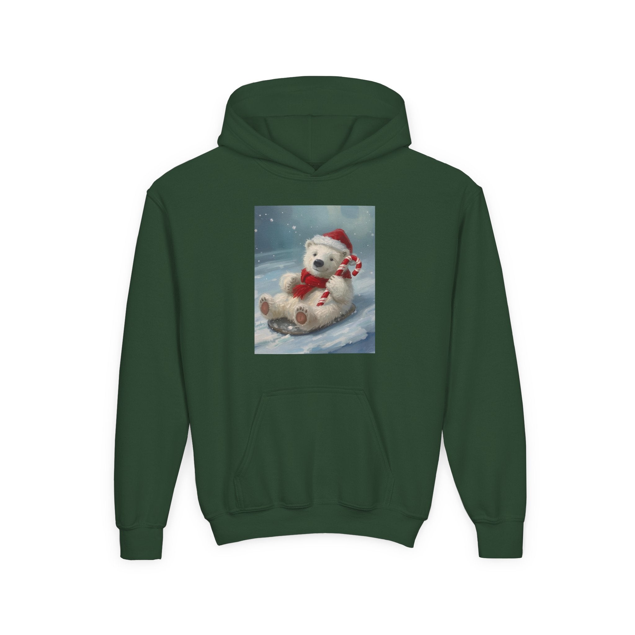 Cozy Christmas Bear Youth Hooded Sweatshirt, Winter Hoodie, Holiday Gift, Cute Sweatshirt for Kids, Festive Apparel