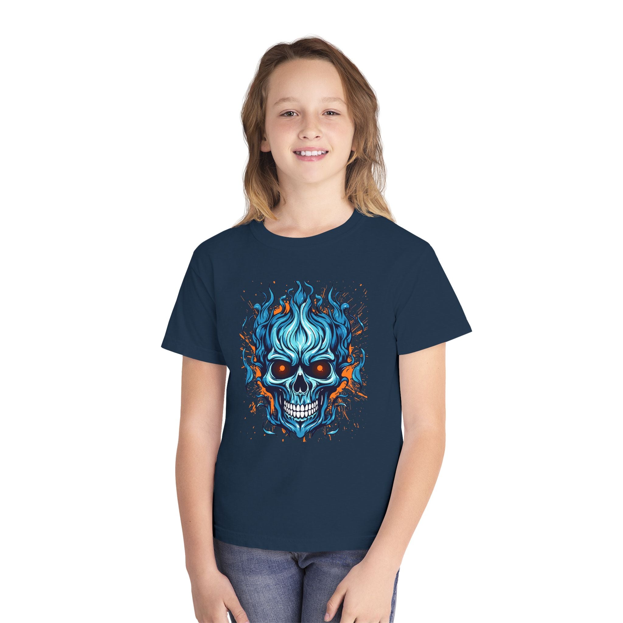 Skull Flame Youth Graphic Skull Tee, Cool Teen Fashion, Edgy Summer Wear, Halloween Costume, Unique Gift for Kids, Casual Everyday Style