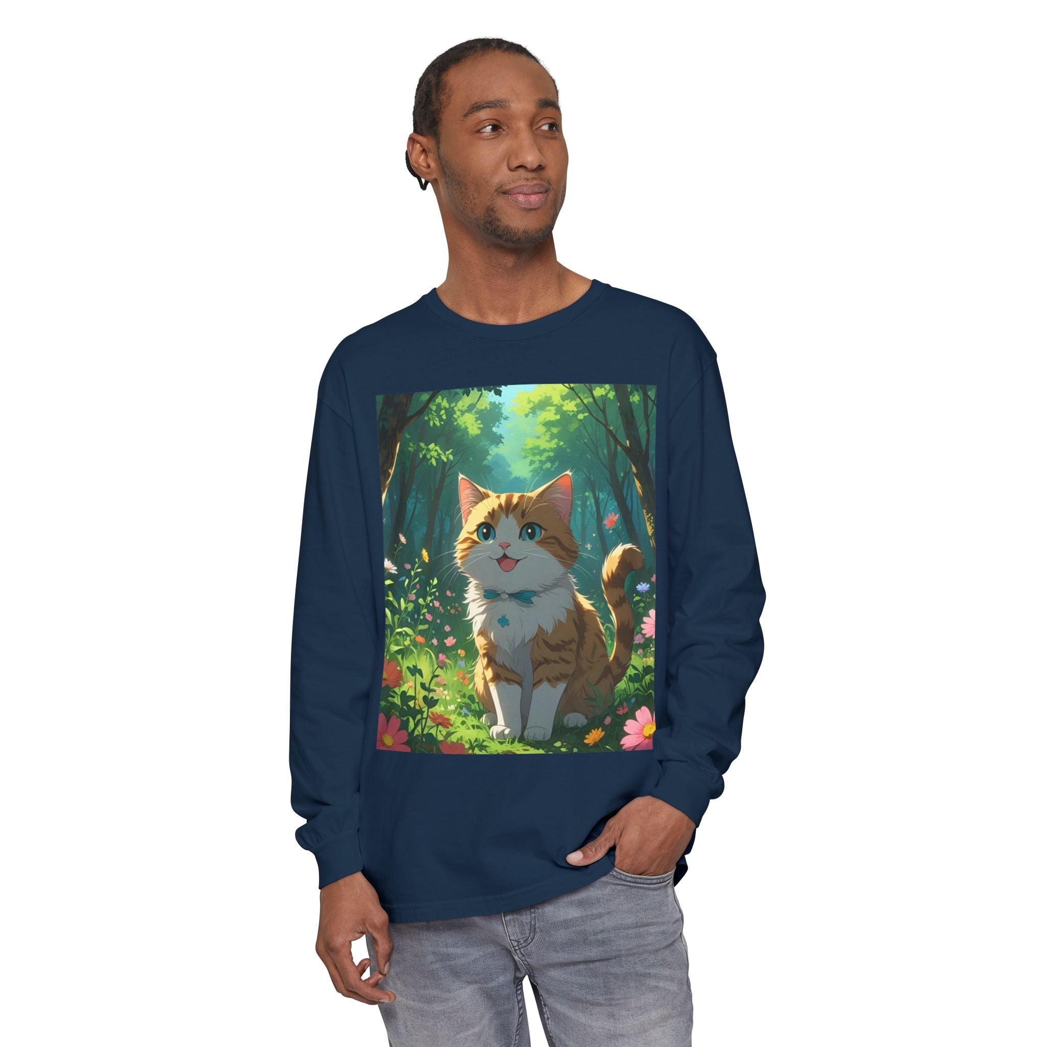 Whimsical Cat In Forest Long Sleeve T-Shirt - Perfect for Cat Lovers, Nature Enthusiasts, Gifts, Cozy Wear, Everyday Style