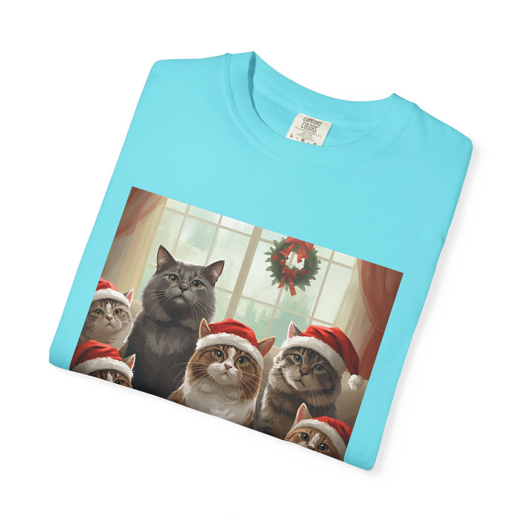 Cute Festive Funny Christmas Cat T-Shirt, Holiday Gift for Cat Lovers, Cute Tee for Winter, Unisex Garment-Dyed Shirt, Christmas Apparel, Festive Outfit