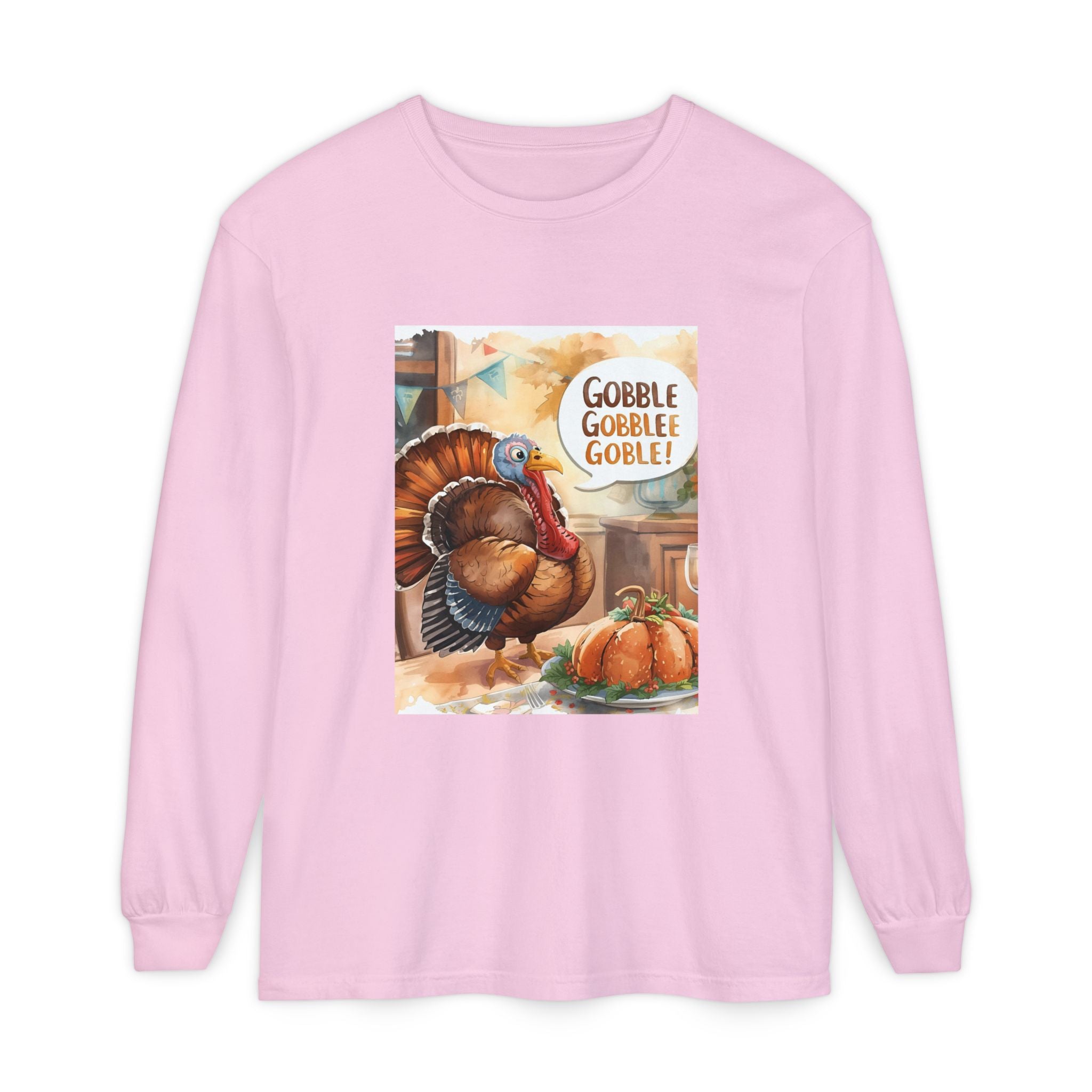 Thanksgiving Long Sleeve T-Shirt with Turkey Design, Fall Apparel, Holiday Gift, Family Gathering Shirt, Gobble Gobble Tee