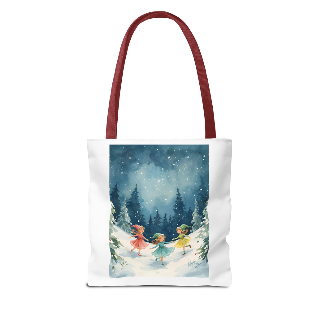 Winter Wonderland Tote Bag, Cute Girls Playing in Snow, AOP Design, Perfect for Gifts, Seasonal Bag, Eco-Friendly Shopping