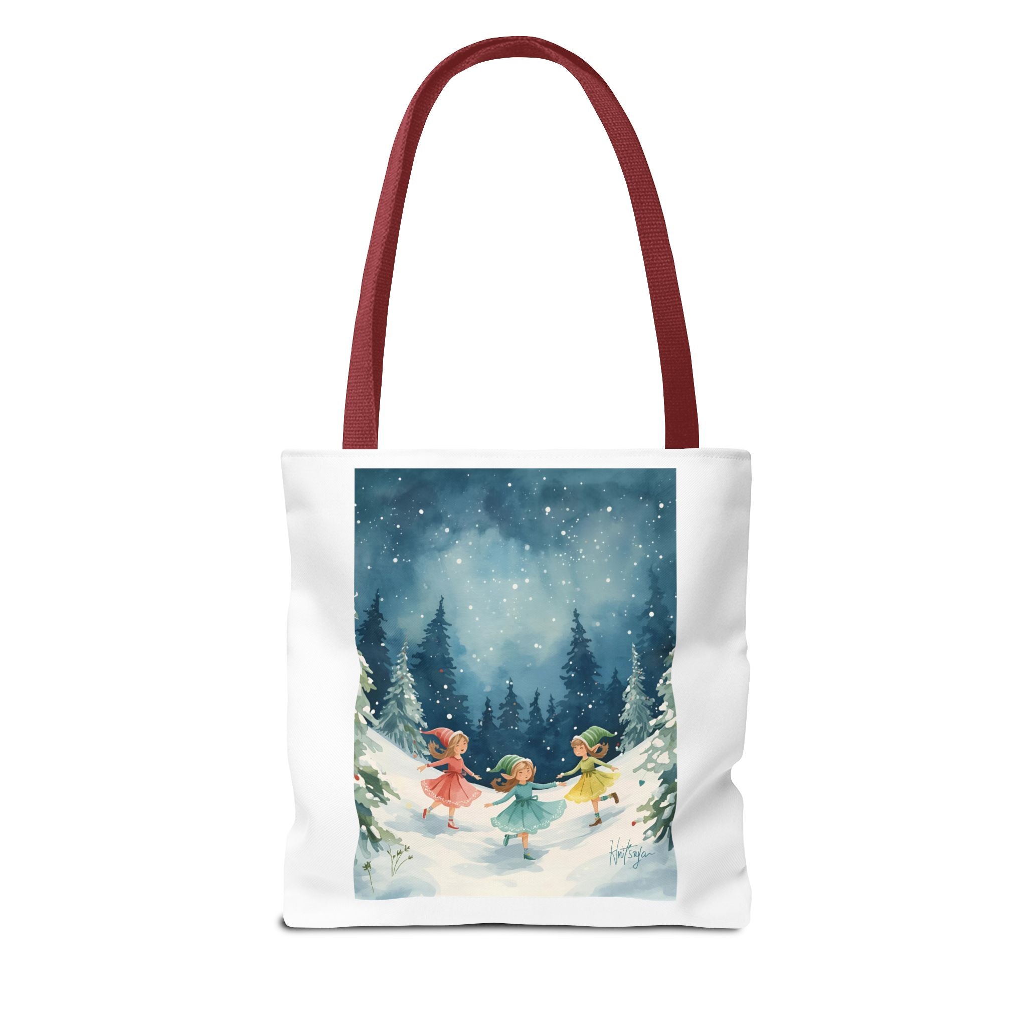 Winter Wonderland Tote Bag, Cute Girls Playing in Snow, AOP Design, Perfect for Gifts, Seasonal Bag, Eco-Friendly Shopping