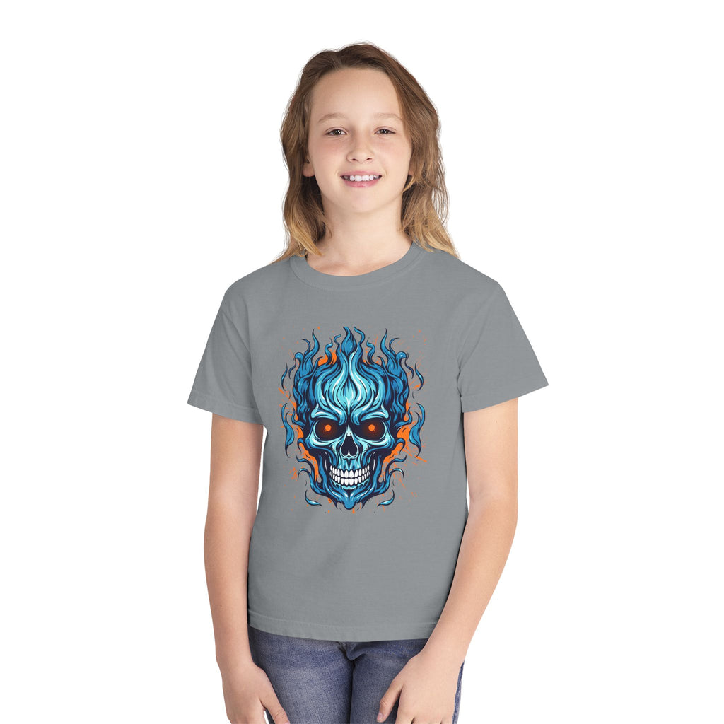 Skull Flame Youth Graphic Skull Tee, Cool Teen Fashion, Edgy Summer Wear, Halloween Costume, Unique Gift for Kids, Casual Everyday Style