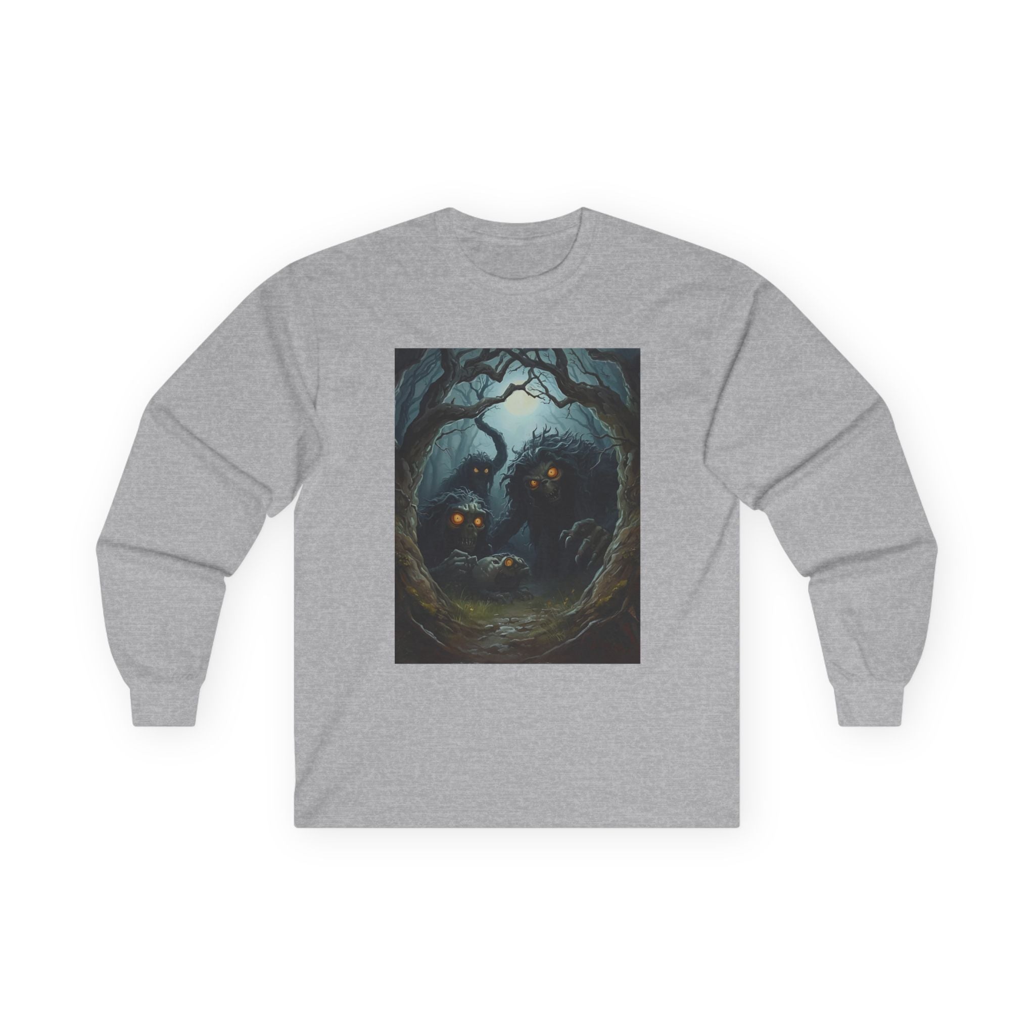 Spooky Mystical Forest Long Sleeve Tee - Cozy Unisex Shirt, Fall Fashion, Nature Lover Gift, Halloween Apparel, Unique Art Tee