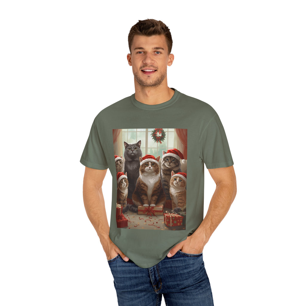 Cute Festive Funny Christmas Cat T-Shirt, Holiday Gift for Cat Lovers, Cute Tee for Winter, Unisex Garment-Dyed Shirt, Christmas Apparel, Festive Outfit