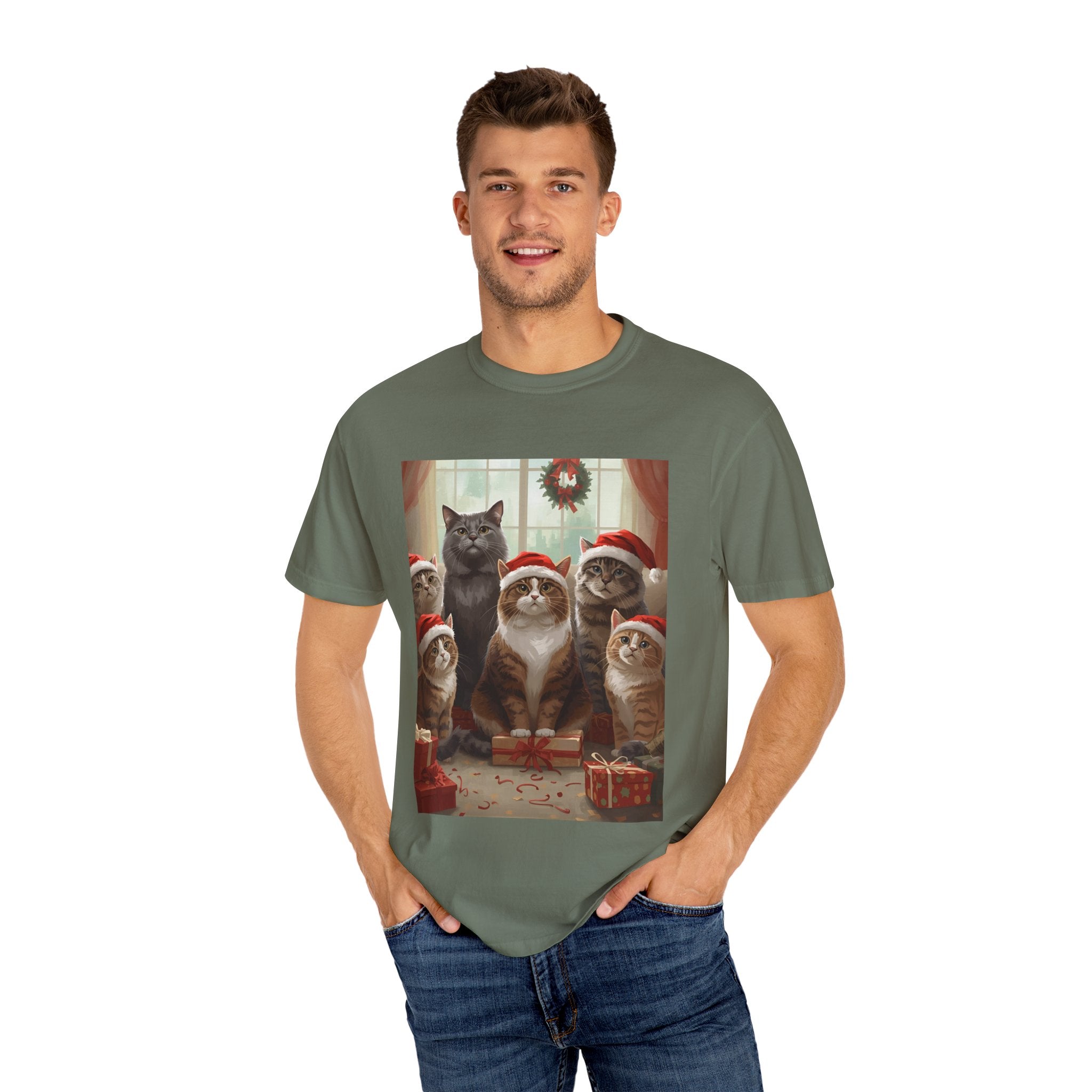 Cute Festive Funny Christmas Cat T-Shirt, Holiday Gift for Cat Lovers, Cute Tee for Winter, Unisex Garment-Dyed Shirt, Christmas Apparel, Festive Outfit