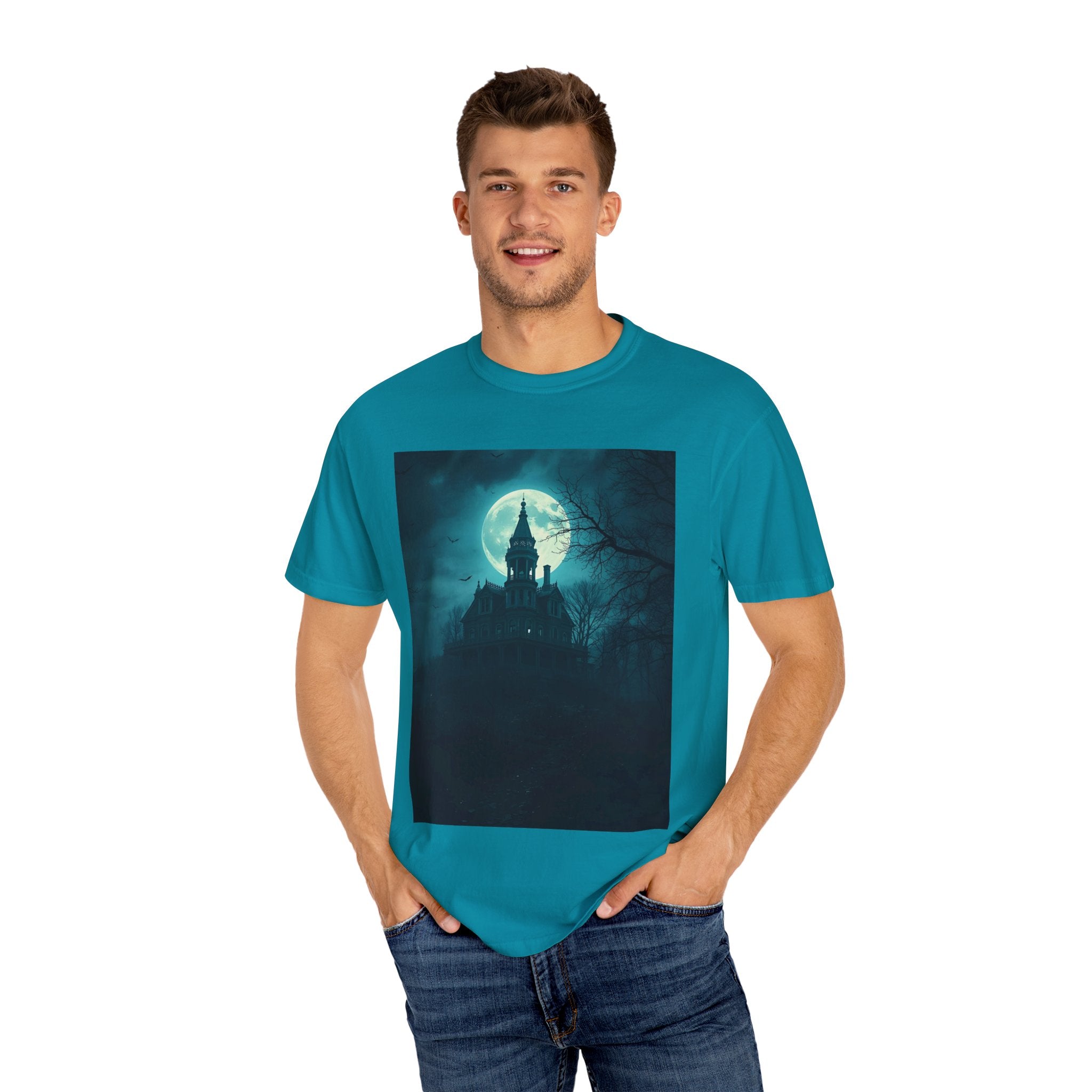 Haunted Moonlight Spooky Castle Graphic Tee | Unisex Garment-Dyed T-shirt, Halloween Shirt, Graphic Tee, Casual Wear, Gift for Ghost Lovers