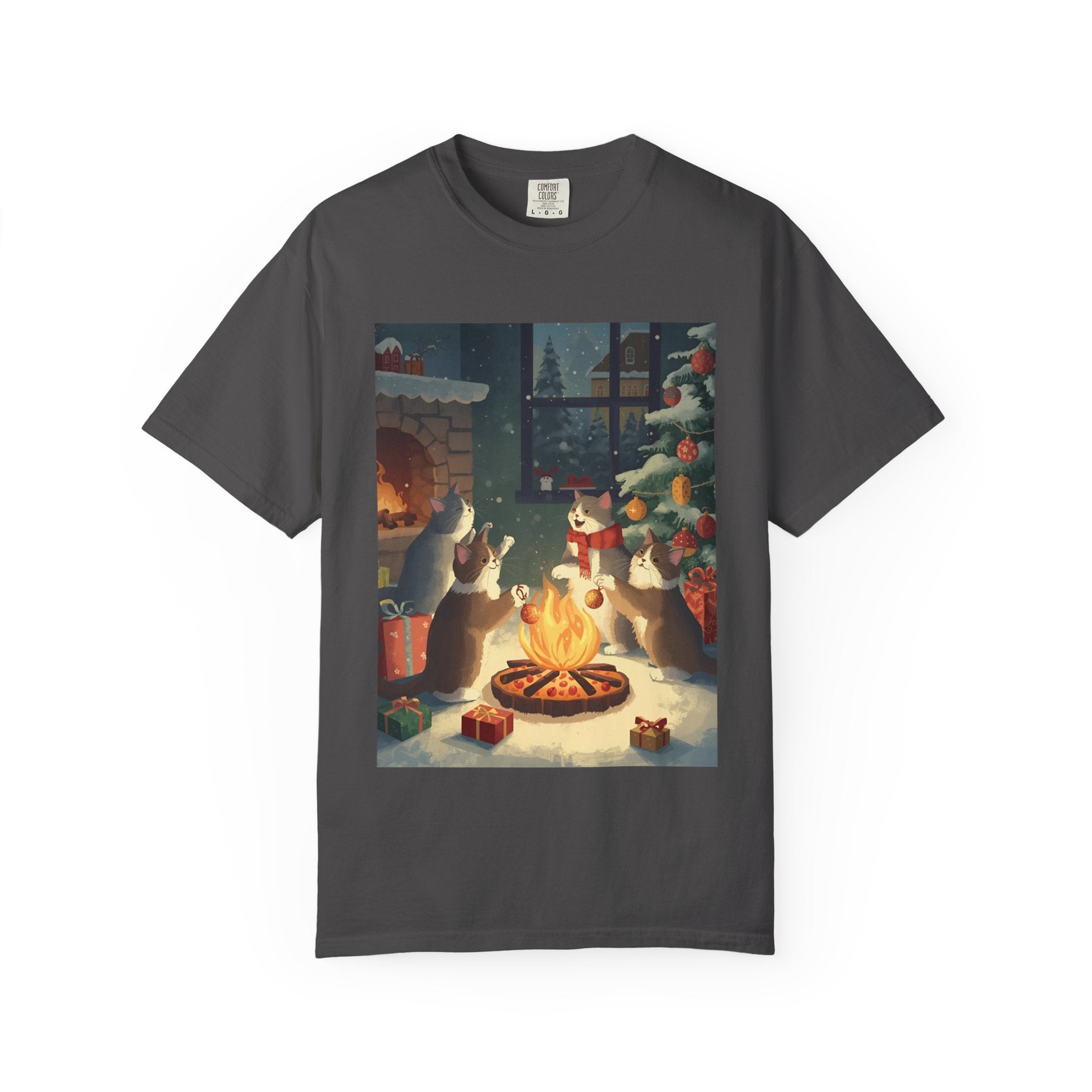 Cozy Winter Cat T-shirt, Unisex Garment-Dyed Shirt, Holiday Gift, Christmas Apparel, Cat Lover Tee, Festive Casual Wear
