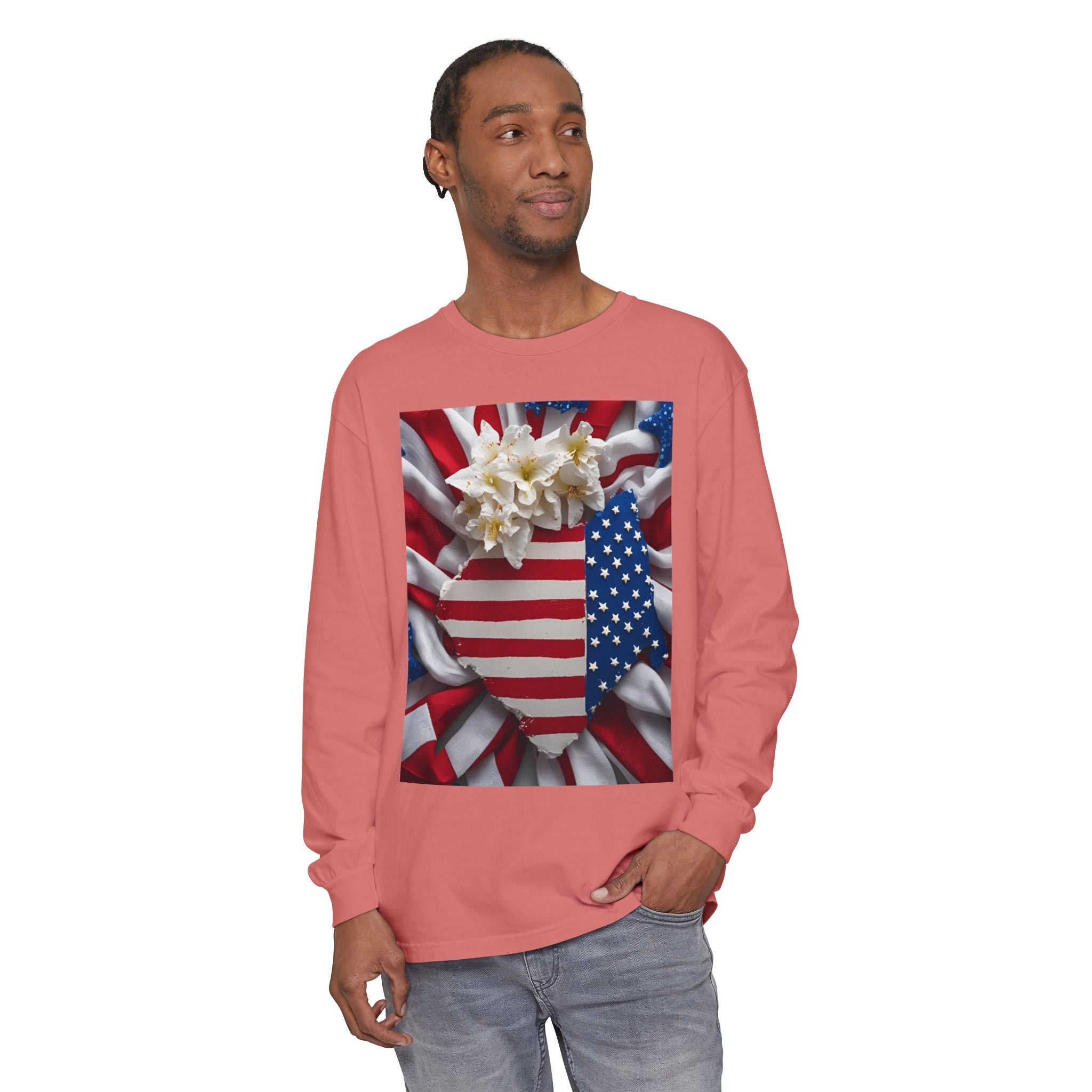 Patriotic Long Sleeve T-Shirt | Unisex Garment-Dyed Tee for Independence Day, Memorial Day, Fourth of July, Summer BBQs, Gifts