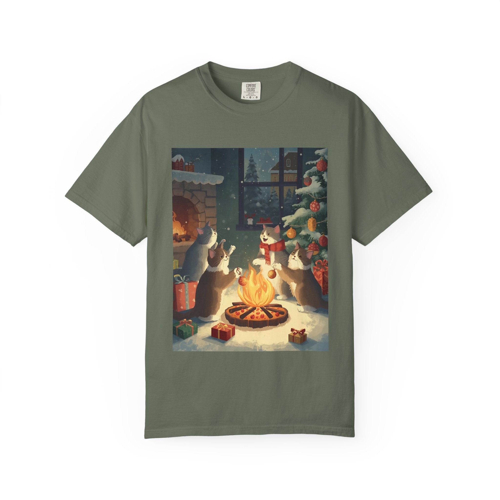 Cozy Winter Cat T-shirt, Unisex Garment-Dyed Shirt, Holiday Gift, Christmas Apparel, Cat Lover Tee, Festive Casual Wear