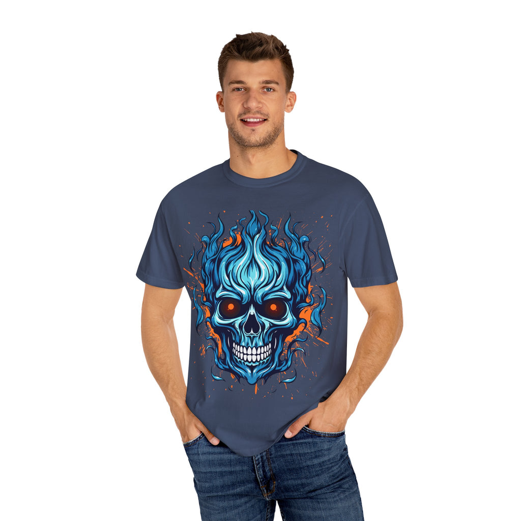 Flaming Skull T-Shirt, Unisex Graphic Tee, Edgy Casual Wear, Halloween Apparel, Gift for Rock Music Fans