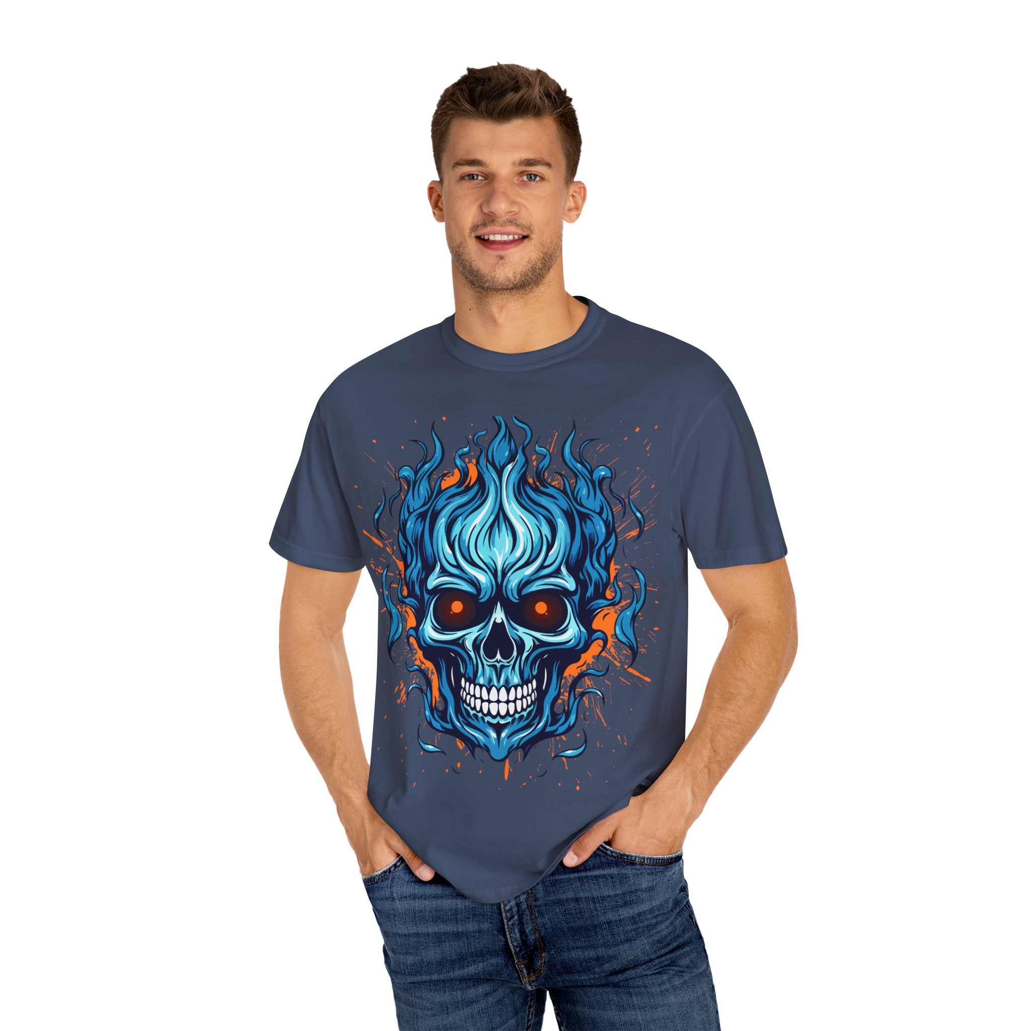 Flaming Skull T-Shirt, Unisex Graphic Tee, Edgy Casual Wear, Halloween Apparel, Gift for Rock Music Fans