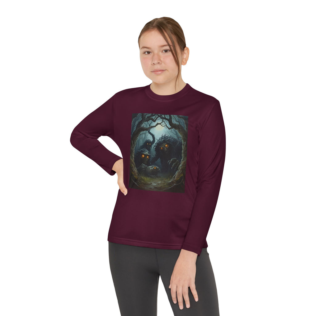 Spooky Forest Creatures Youth Long Sleeve Tee with Enchanted Forest Design, Comfortable Unisex T-Shirt for All Seasons, Perfect for Halloween and Nature Lovers