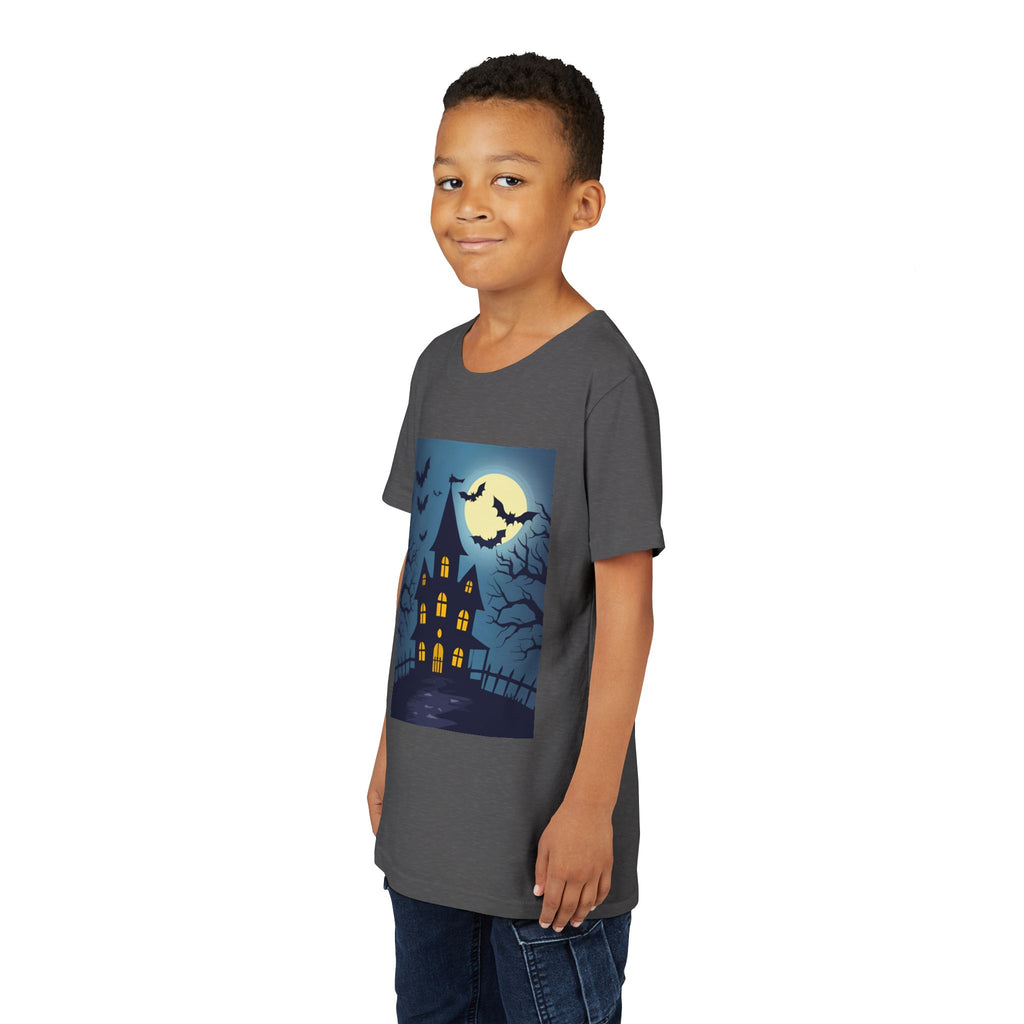 Spooky Halloween Haunted House Youth Tee, Kids Ghost T-Shirt, Haunted House Apparel, Bat Design Shirt, Trick or Treat Clothing