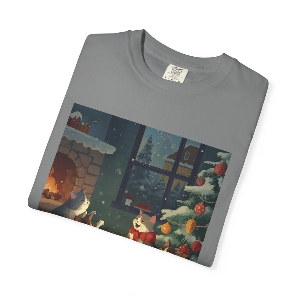 Cozy Winter Cat T-shirt, Unisex Garment-Dyed Shirt, Holiday Gift, Christmas Apparel, Cat Lover Tee, Festive Casual Wear