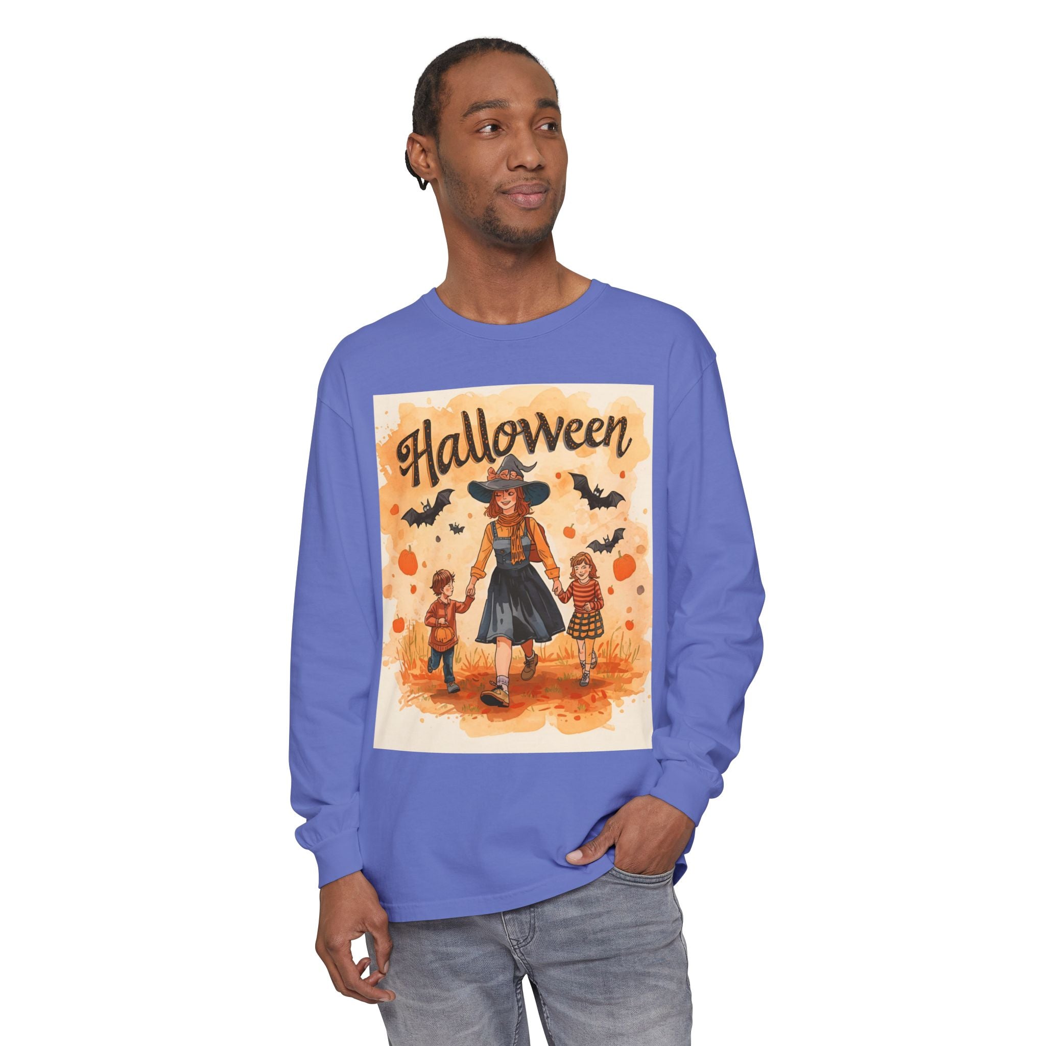 Halloween Themed Mom And Children Unisex Garment-dyed Long Sleeve T-Shirt
