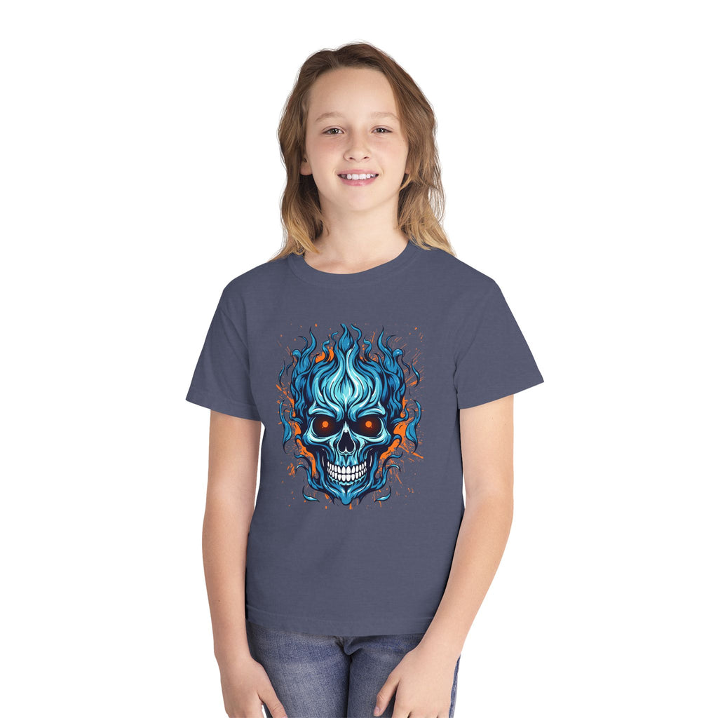 Skull Flame Youth Graphic Skull Tee, Cool Teen Fashion, Edgy Summer Wear, Halloween Costume, Unique Gift for Kids, Casual Everyday Style