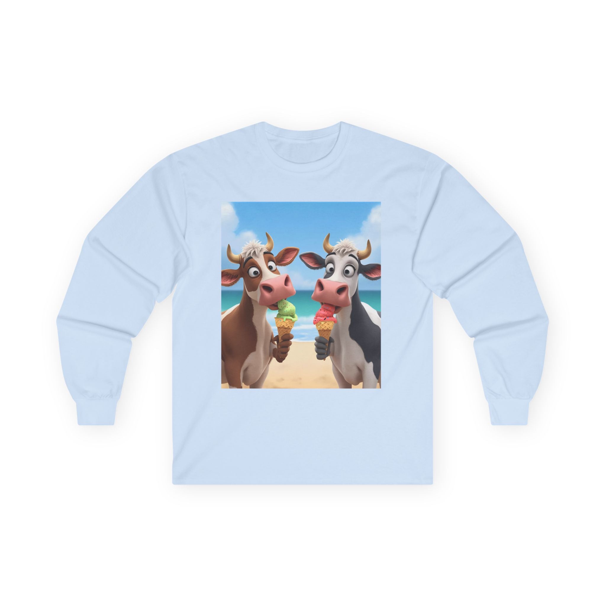 Funny Beach Cow Graphic Long Sleeve Tee, Cute Animal T-Shirt for Kids, Ice Cream Lover Gift, Summer Beach Apparel, Dairy Product Humor