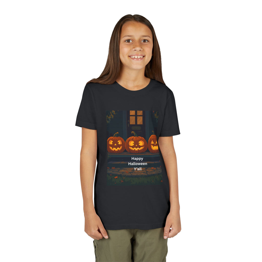 Halloween Pumpkin Youth Tee, Jack-o'-lantern Shirt, Trick or Treat Apparel, Spooky Kids T-Shirt, Halloween Costume Top