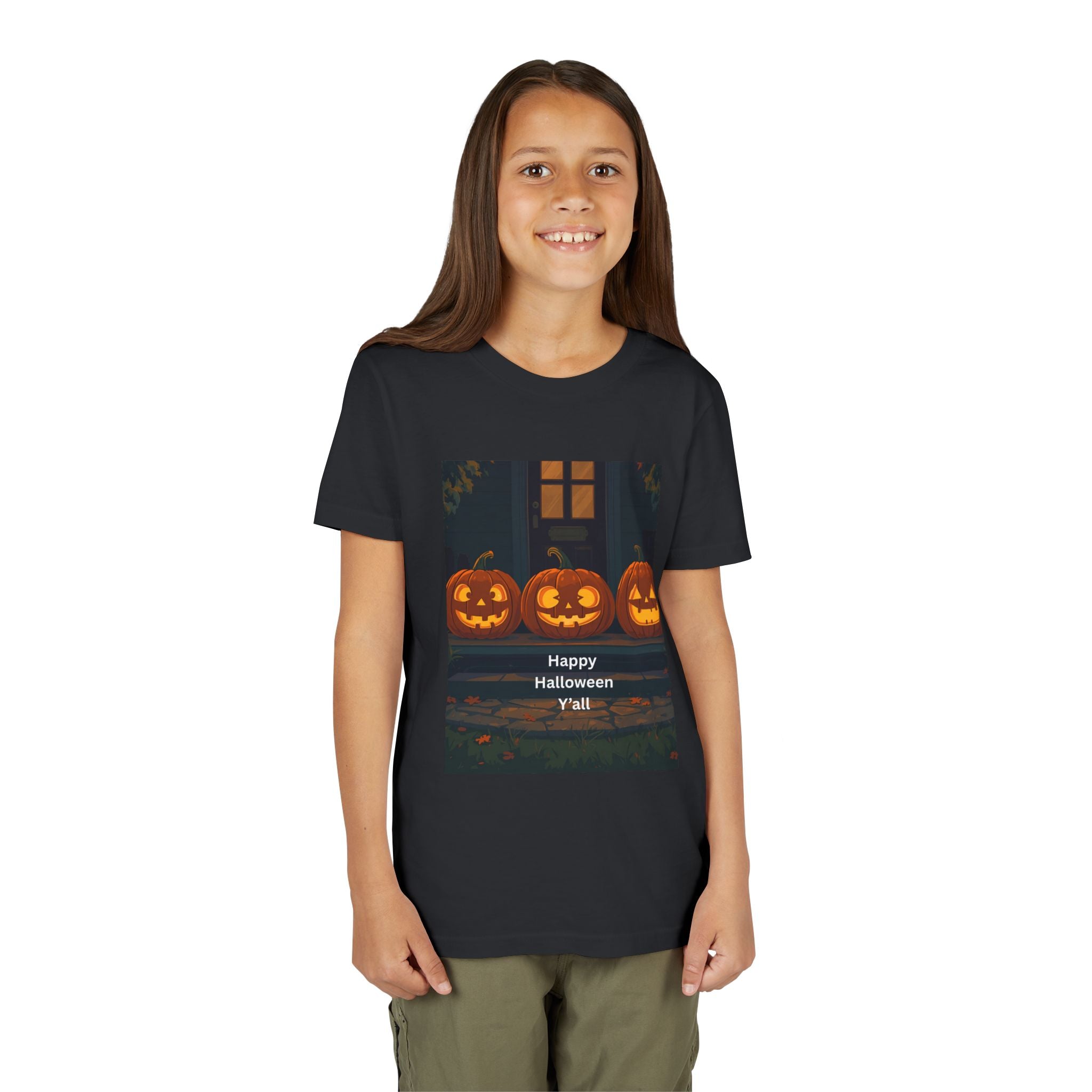 Halloween Pumpkin Youth Tee, Jack-o'-lantern Shirt, Trick or Treat Apparel, Spooky Kids T-Shirt, Halloween Costume Top