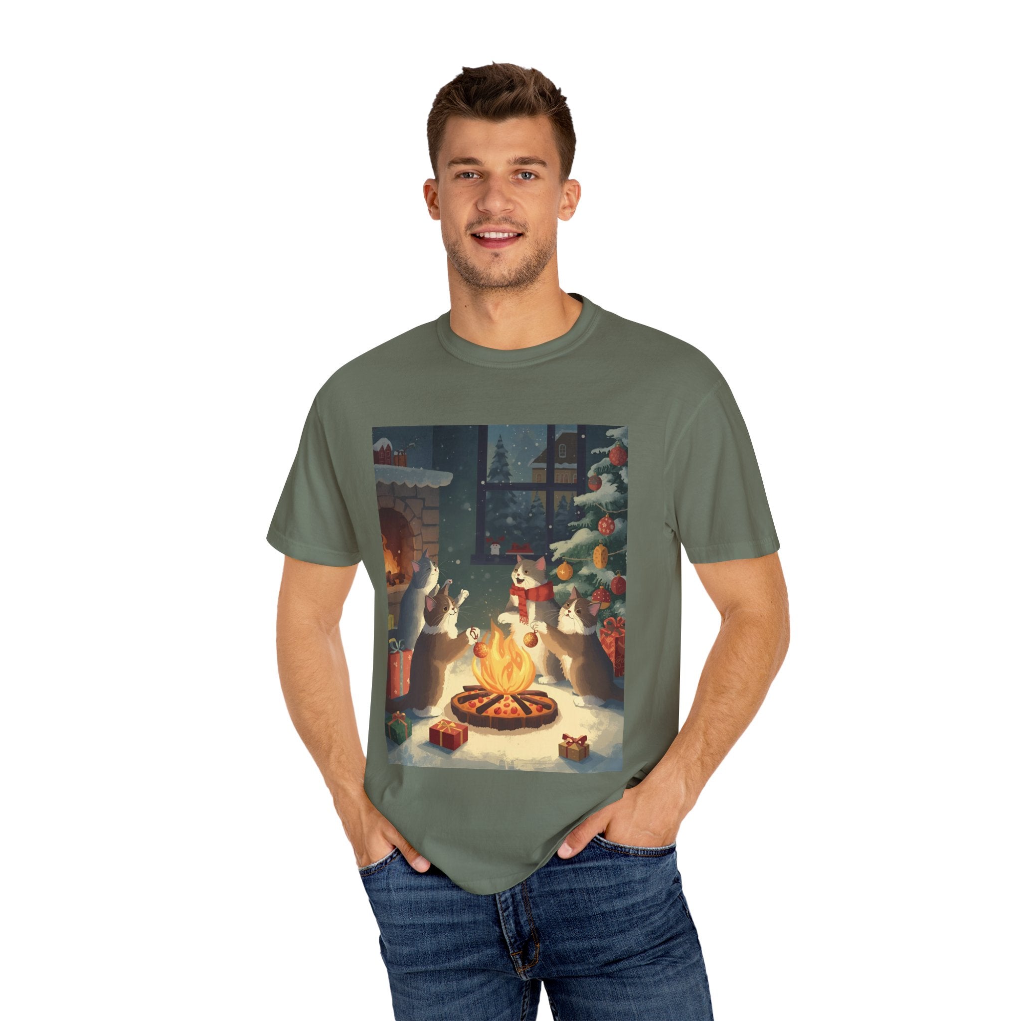 Cozy Winter Cat T-shirt, Unisex Garment-Dyed Shirt, Holiday Gift, Christmas Apparel, Cat Lover Tee, Festive Casual Wear