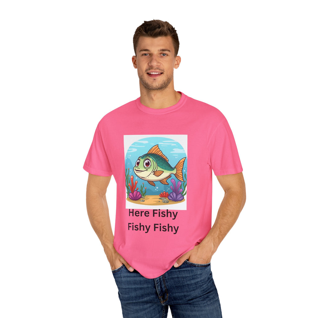 Playful Fish T-Shirt for Nature Lovers, Here Fishy Fishy Fishy Tee, Unisex Casual Wear, Perfect for Birthdays, Summer Fun, Beach Outings