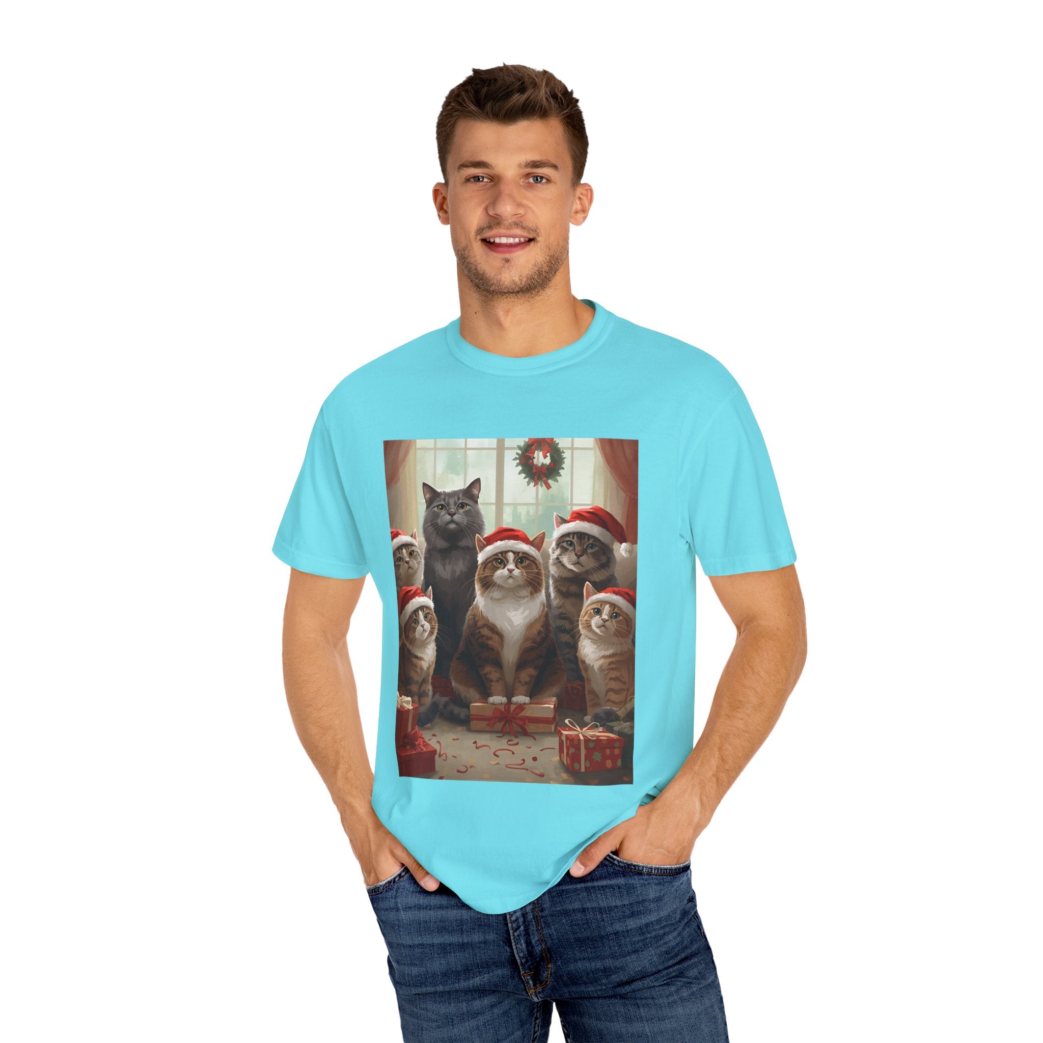 Cute Festive Funny Christmas Cat T-Shirt, Holiday Gift for Cat Lovers, Cute Tee for Winter, Unisex Garment-Dyed Shirt, Christmas Apparel, Festive Outfit