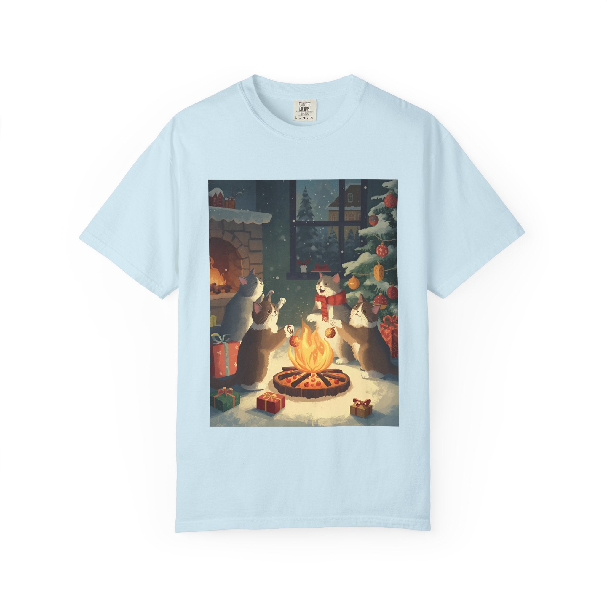 Cozy Winter Cat T-shirt, Unisex Garment-Dyed Shirt, Holiday Gift, Christmas Apparel, Cat Lover Tee, Festive Casual Wear