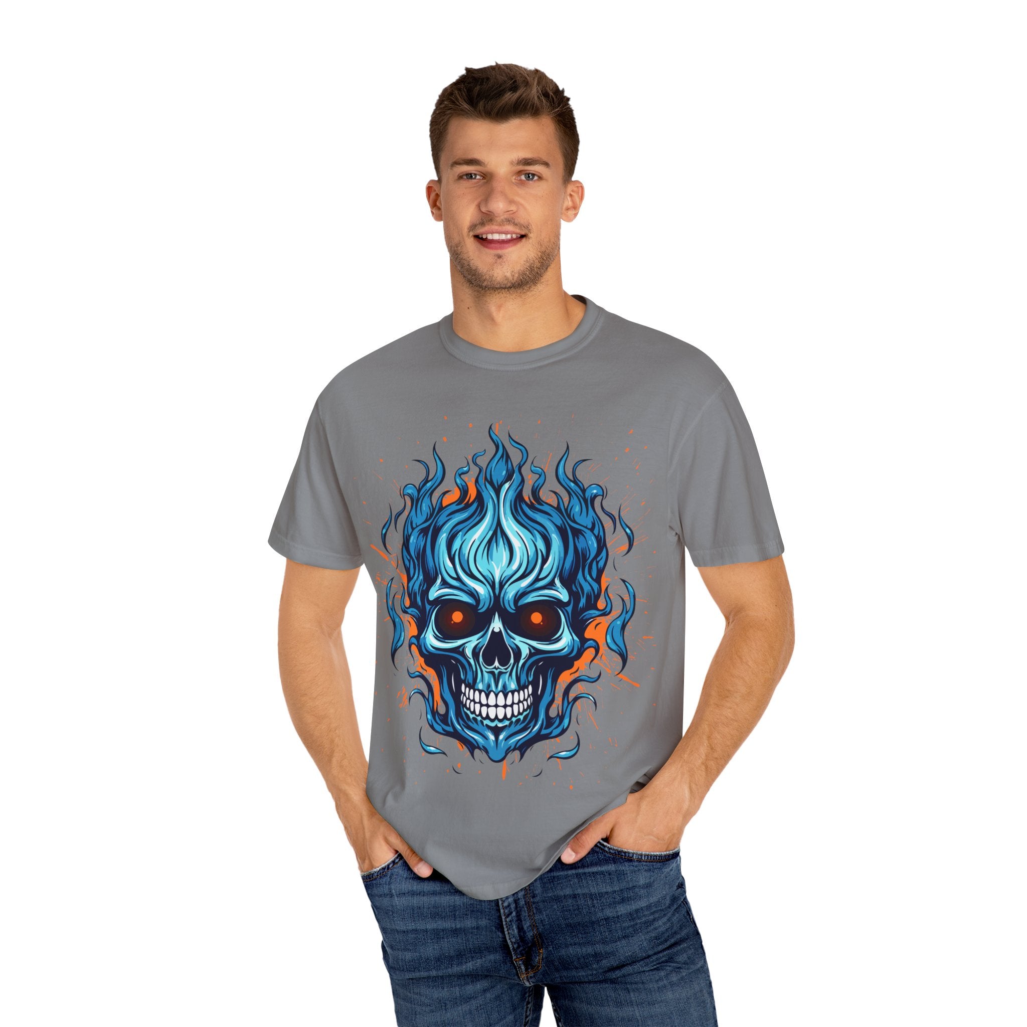 Flame Skull Graphic T-Shirt | Unisex Apparel for Rock Lovers, Halloween Costume, Edgy Style, Concert Fashion, Gift for Him/Her