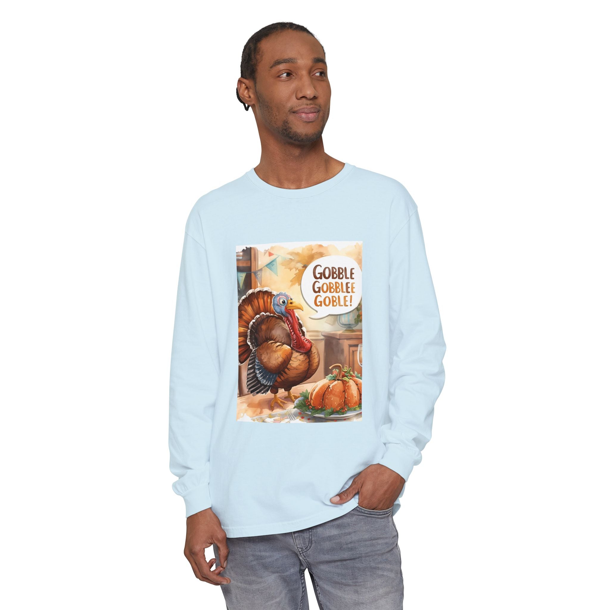 Thanksgiving Long Sleeve T-Shirt with Turkey Design, Fall Apparel, Holiday Gift, Family Gathering Shirt, Gobble Gobble Tee