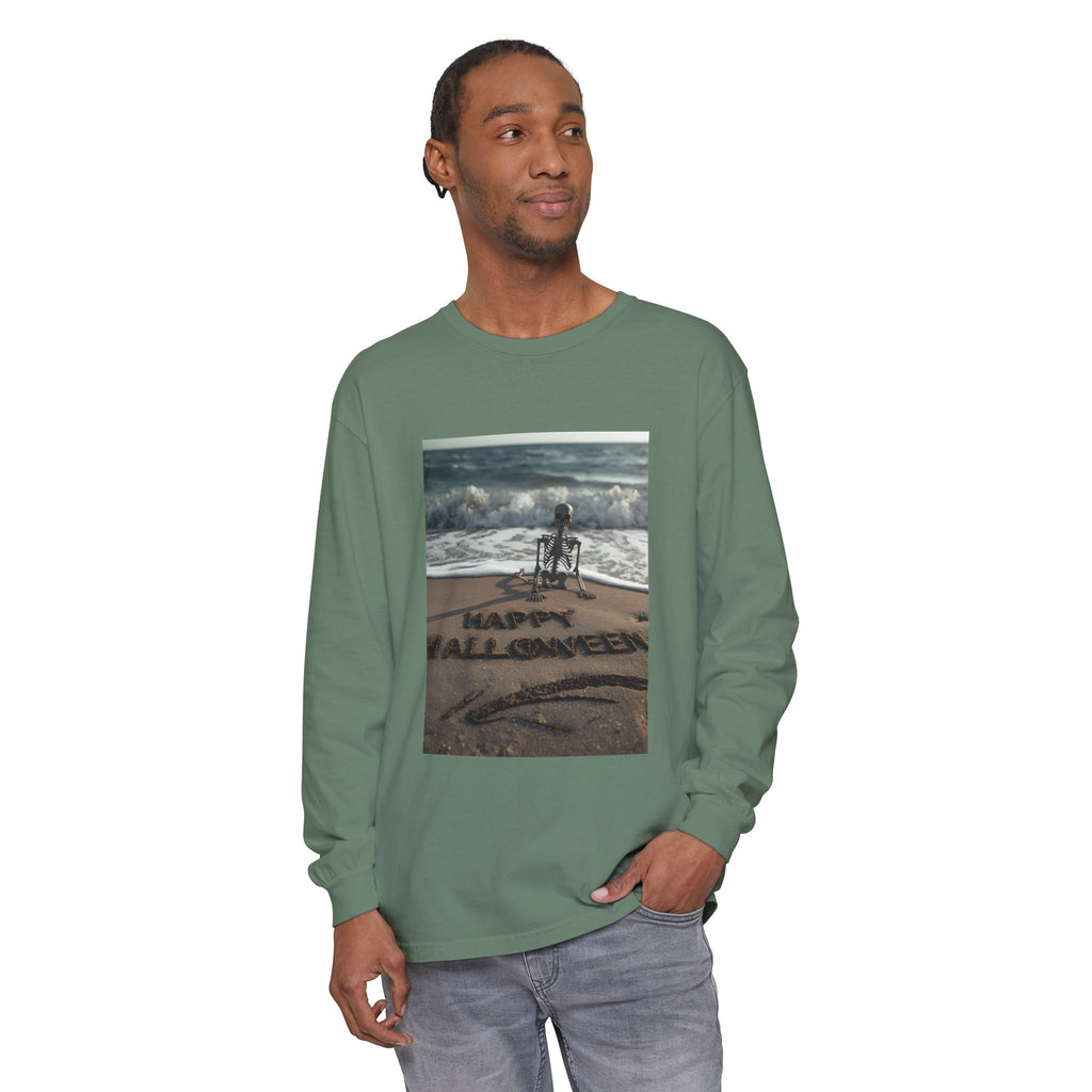 Happy Halloween Beach Skeleton Vibes Unisex Garment-dyed Long Sleeve T-Shirt