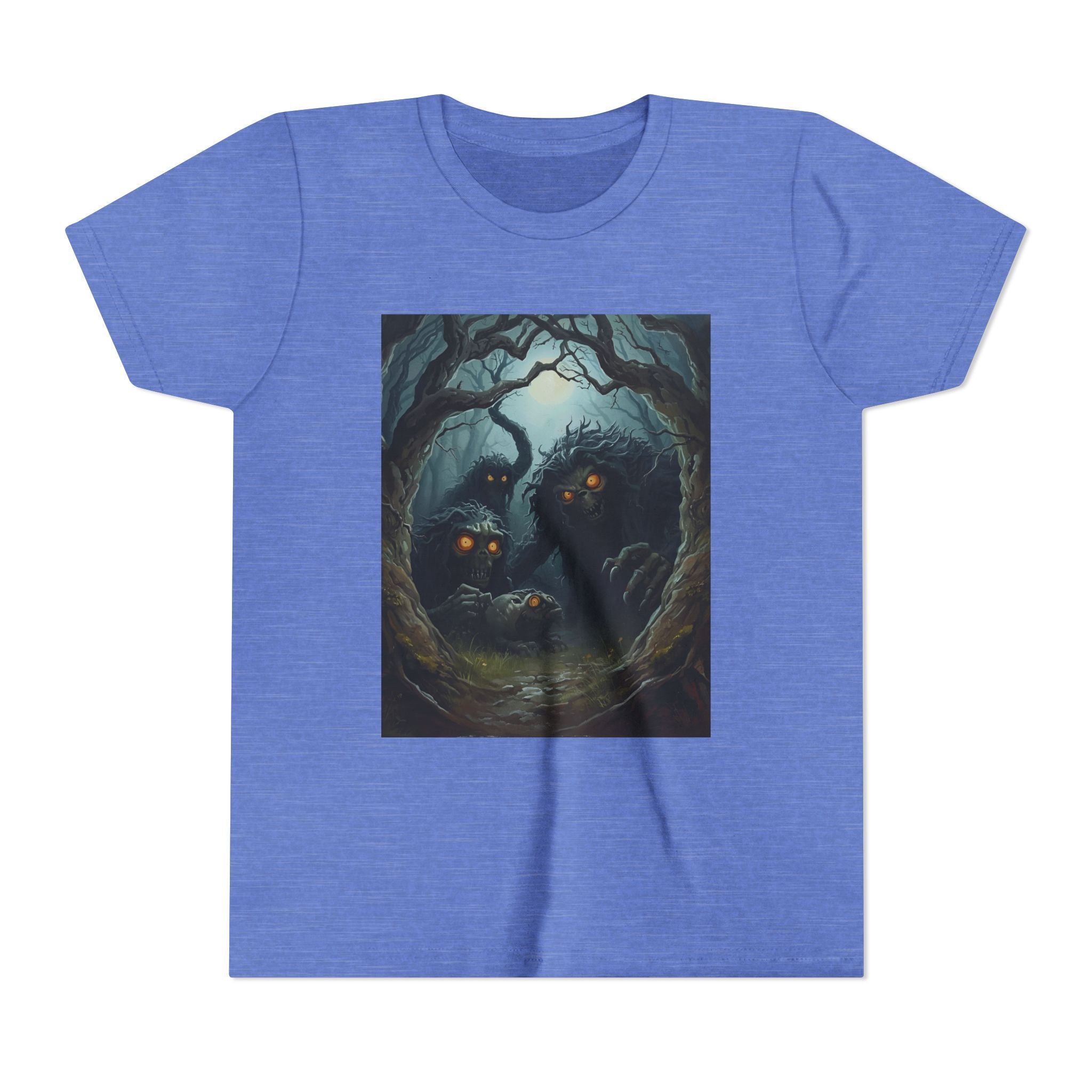 Spooky Mystical Forest Creatures Youth Tee, Cool Graphic T-Shirt, Kids Nature Shirt, Unique Gift for Boys & Girls, Perfect for Halloween