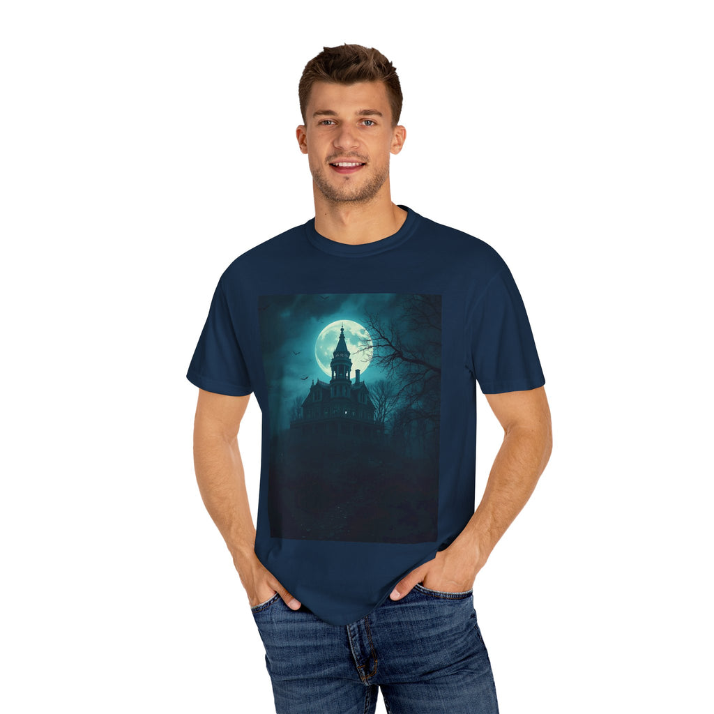 Haunted Moonlight Spooky Castle Graphic Tee | Unisex Garment-Dyed T-shirt, Halloween Shirt, Graphic Tee, Casual Wear, Gift for Ghost Lovers