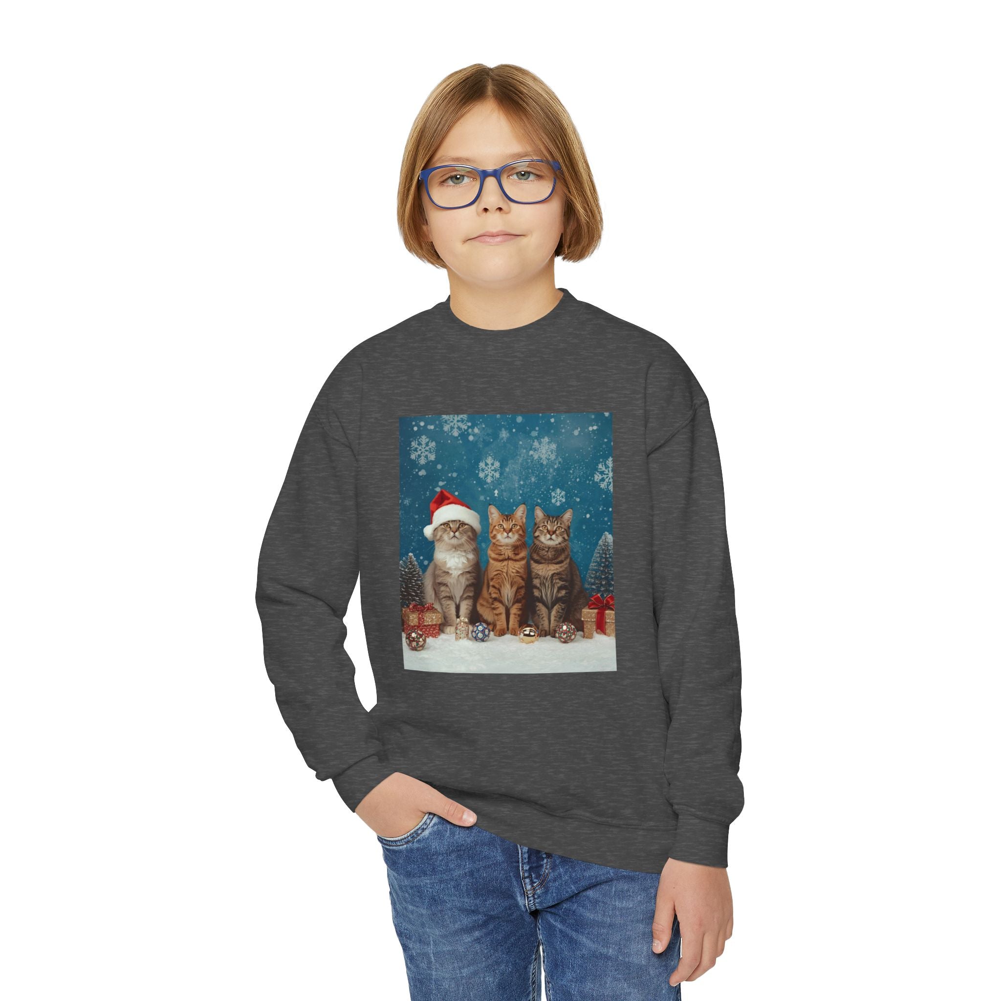 Cute Cat Festive Christmas Youth Crewneck Sweatshirt