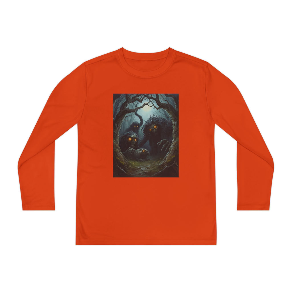 Spooky Forest Creatures Youth Long Sleeve Tee with Enchanted Forest Design, Comfortable Unisex T-Shirt for All Seasons, Perfect for Halloween and Nature Lovers