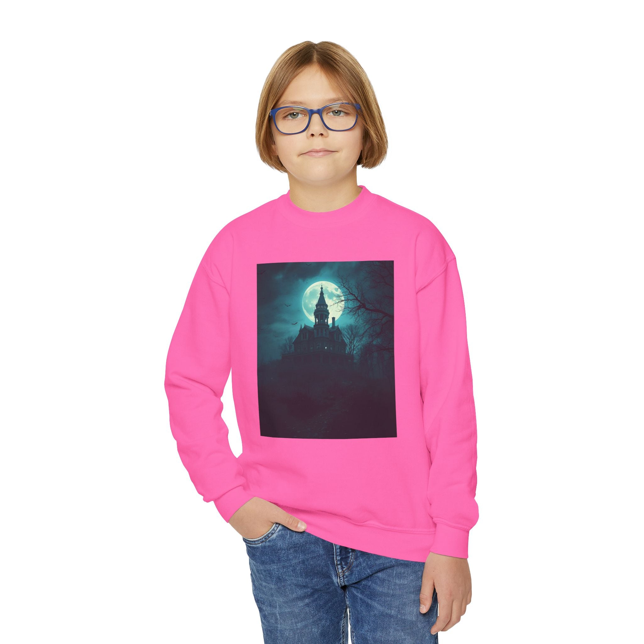 Haunted Moonlight Spooky Castle Youth Crewneck Sweatshirt | Halloween Gift, Cozy Sweatshirt for Kids, Unique Graphic Sweatshirt, Autumn Wardrobe Essential