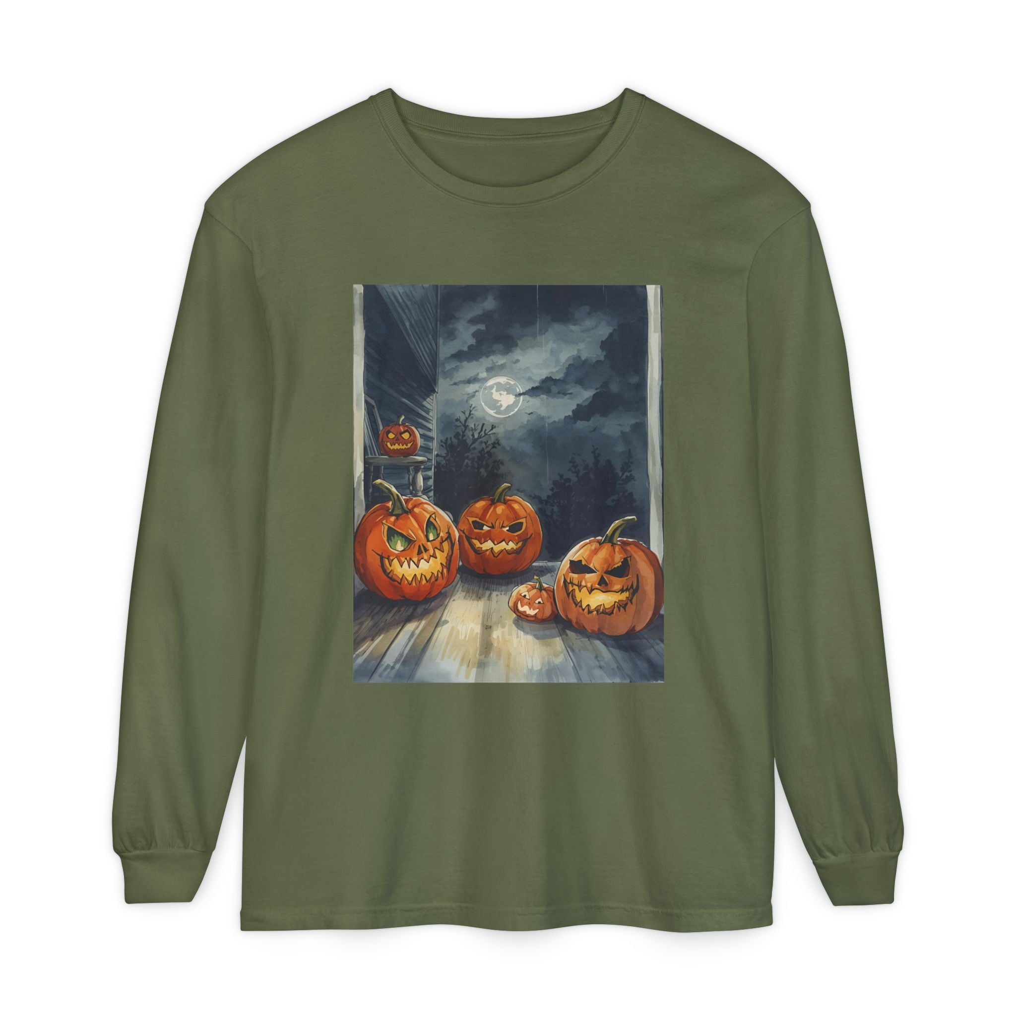 Halloween Pumpkin Scary Unisex Garment-dyed Long Sleeve T-Shirt