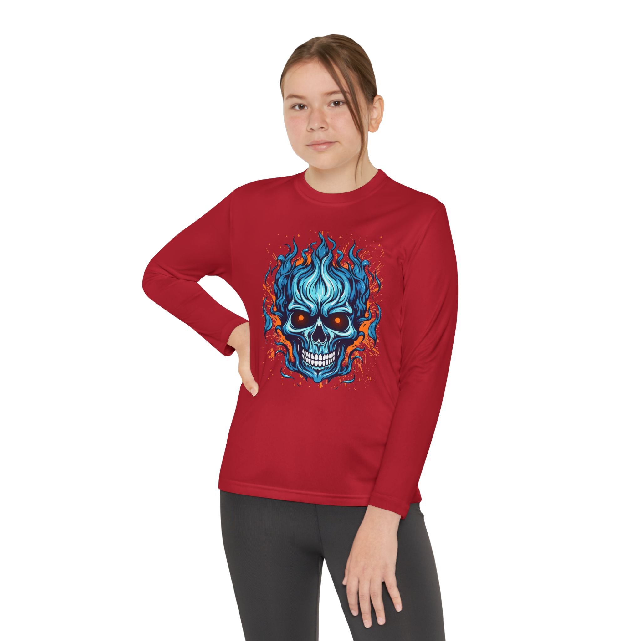 Skull Flame Youth Long Sleeve Skull Tee, Perfect for Halloween, Edgy Gift for Teens, Cozy Casual Wear, Skull Art Graphic Tee, Unique Birthday Present