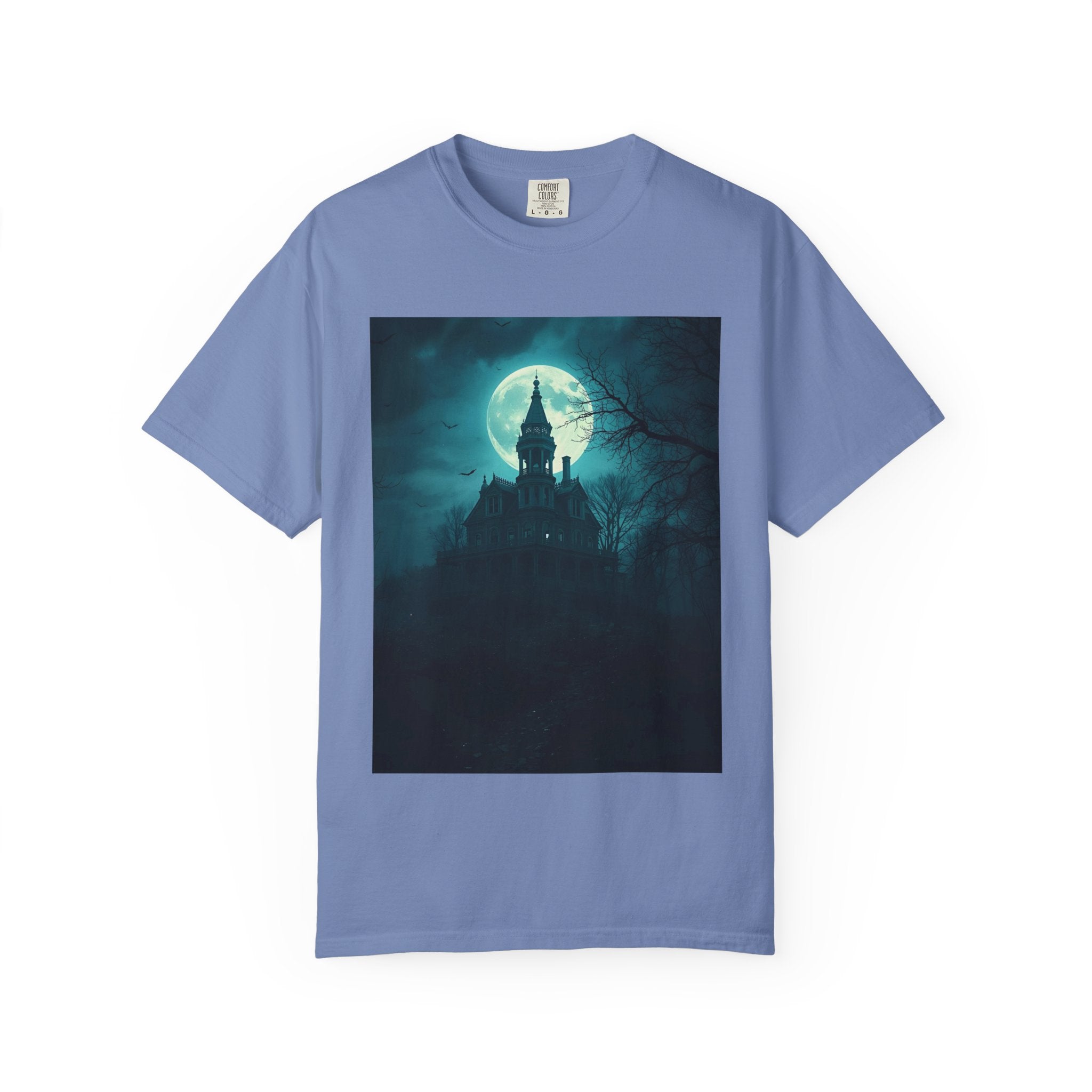 Haunted Moonlight Spooky Castle Graphic Tee | Unisex Garment-Dyed T-shirt, Halloween Shirt, Graphic Tee, Casual Wear, Gift for Ghost Lovers