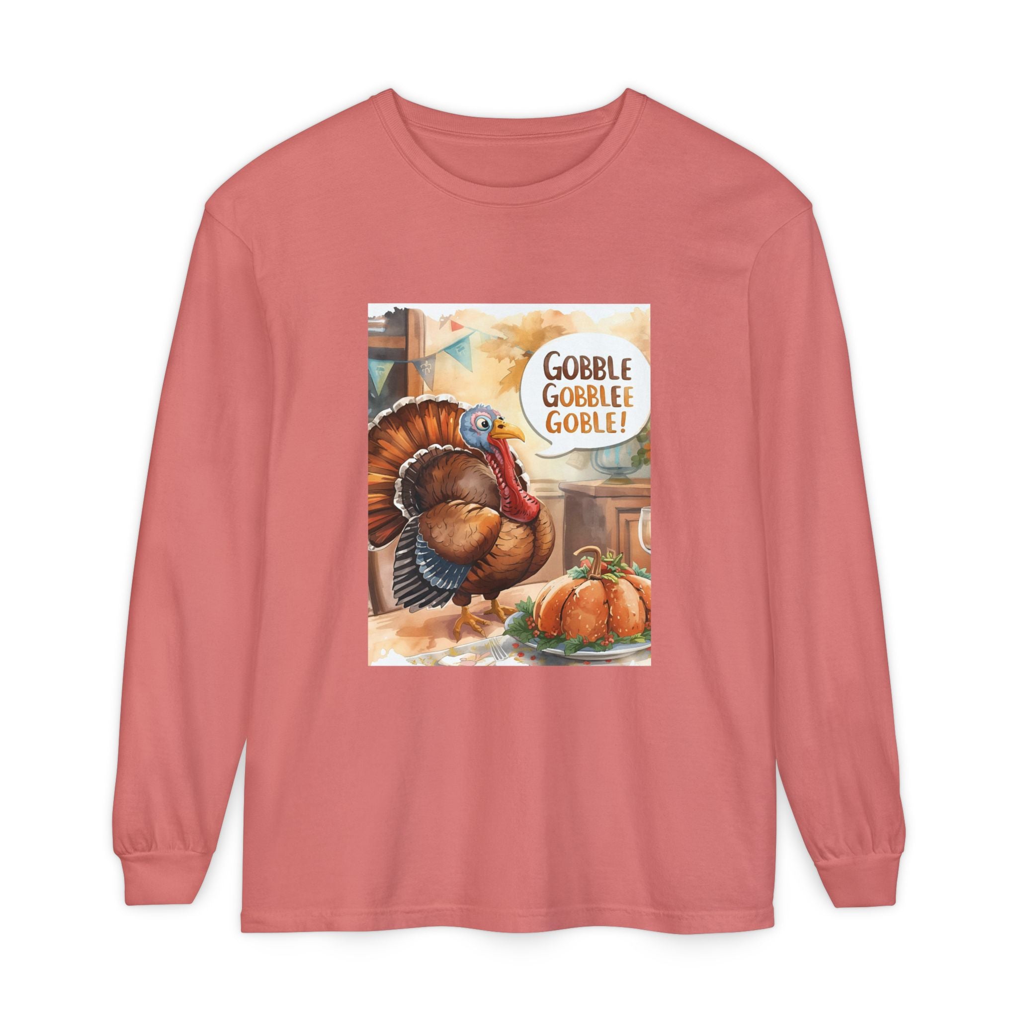 Thanksgiving Long Sleeve T-Shirt with Turkey Design, Fall Apparel, Holiday Gift, Family Gathering Shirt, Gobble Gobble Tee