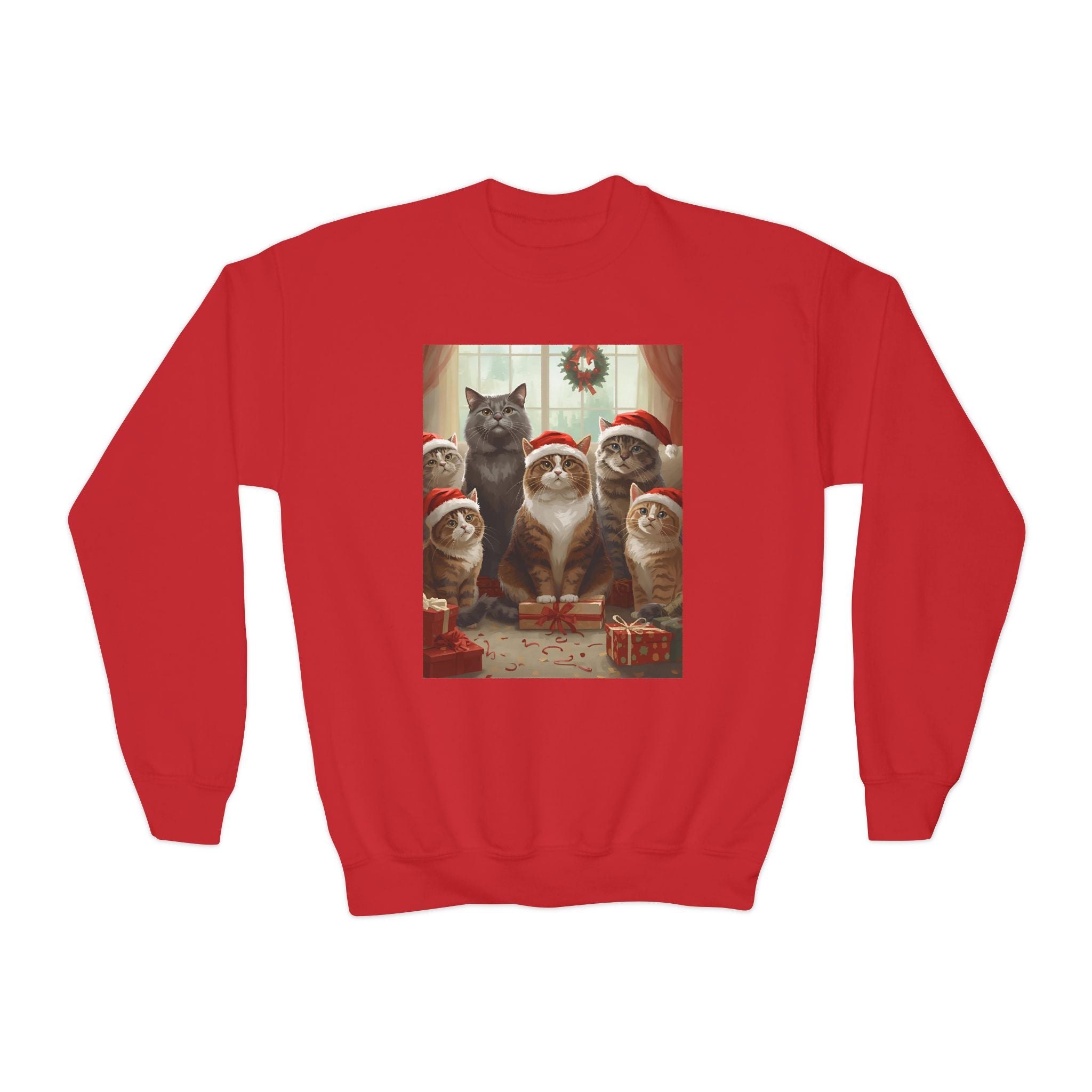 Cute Festive Christmas Cat Youth Crewneck Sweatshirt