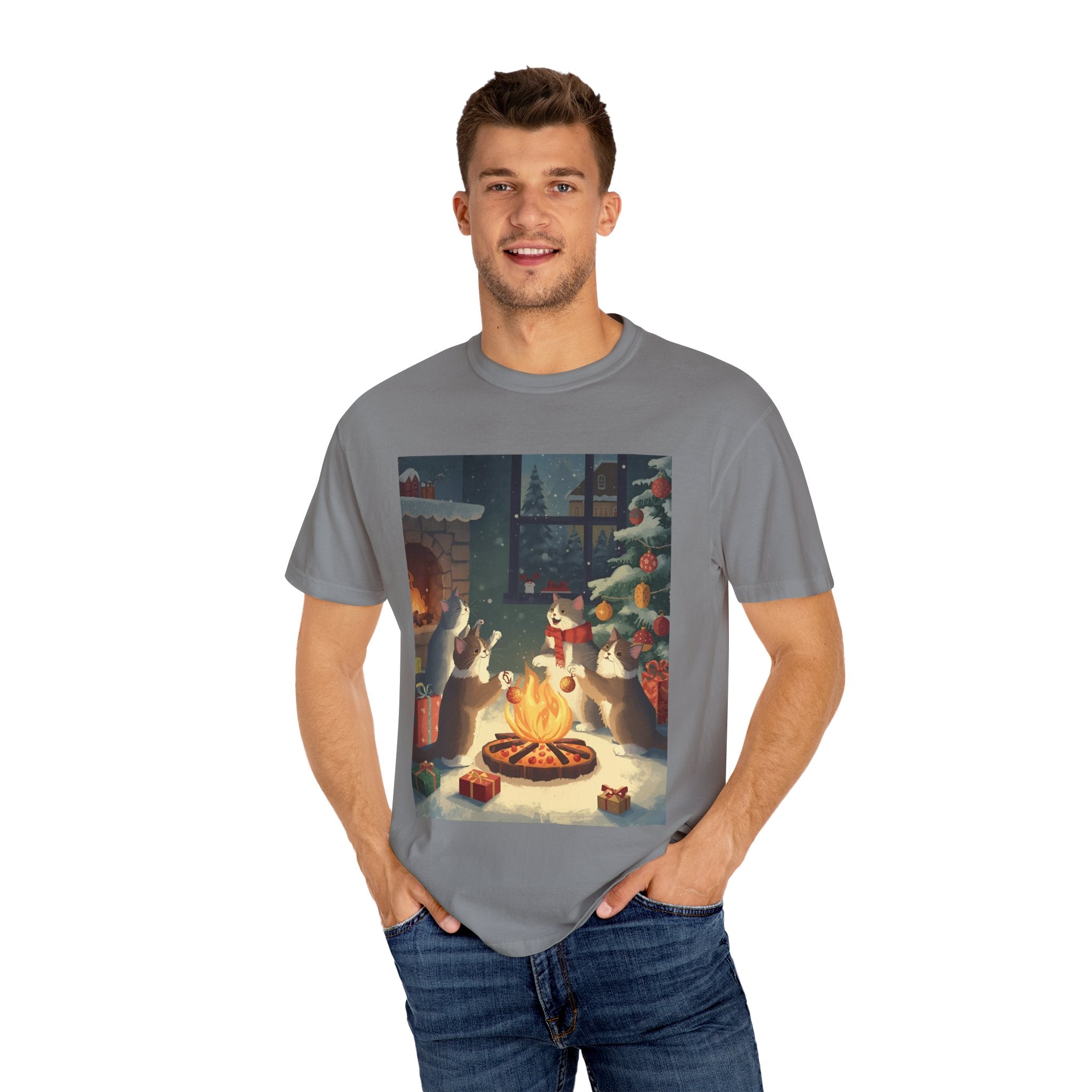 Cozy Winter Cat T-shirt, Unisex Garment-Dyed Shirt, Holiday Gift, Christmas Apparel, Cat Lover Tee, Festive Casual Wear