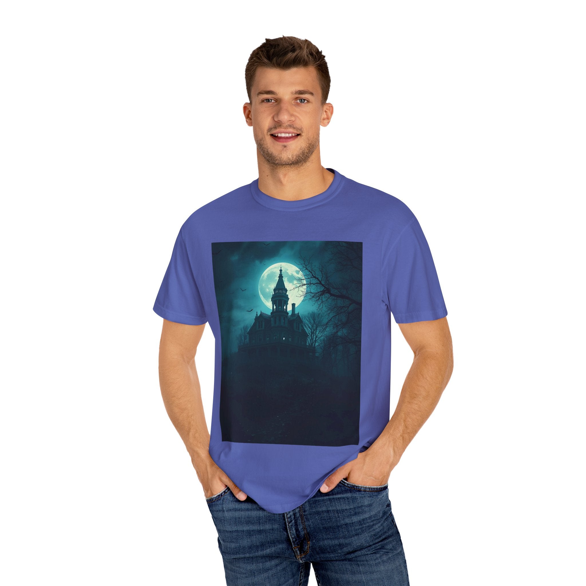 Haunted Moonlight Spooky Castle Graphic Tee | Unisex Garment-Dyed T-shirt, Halloween Shirt, Graphic Tee, Casual Wear, Gift for Ghost Lovers
