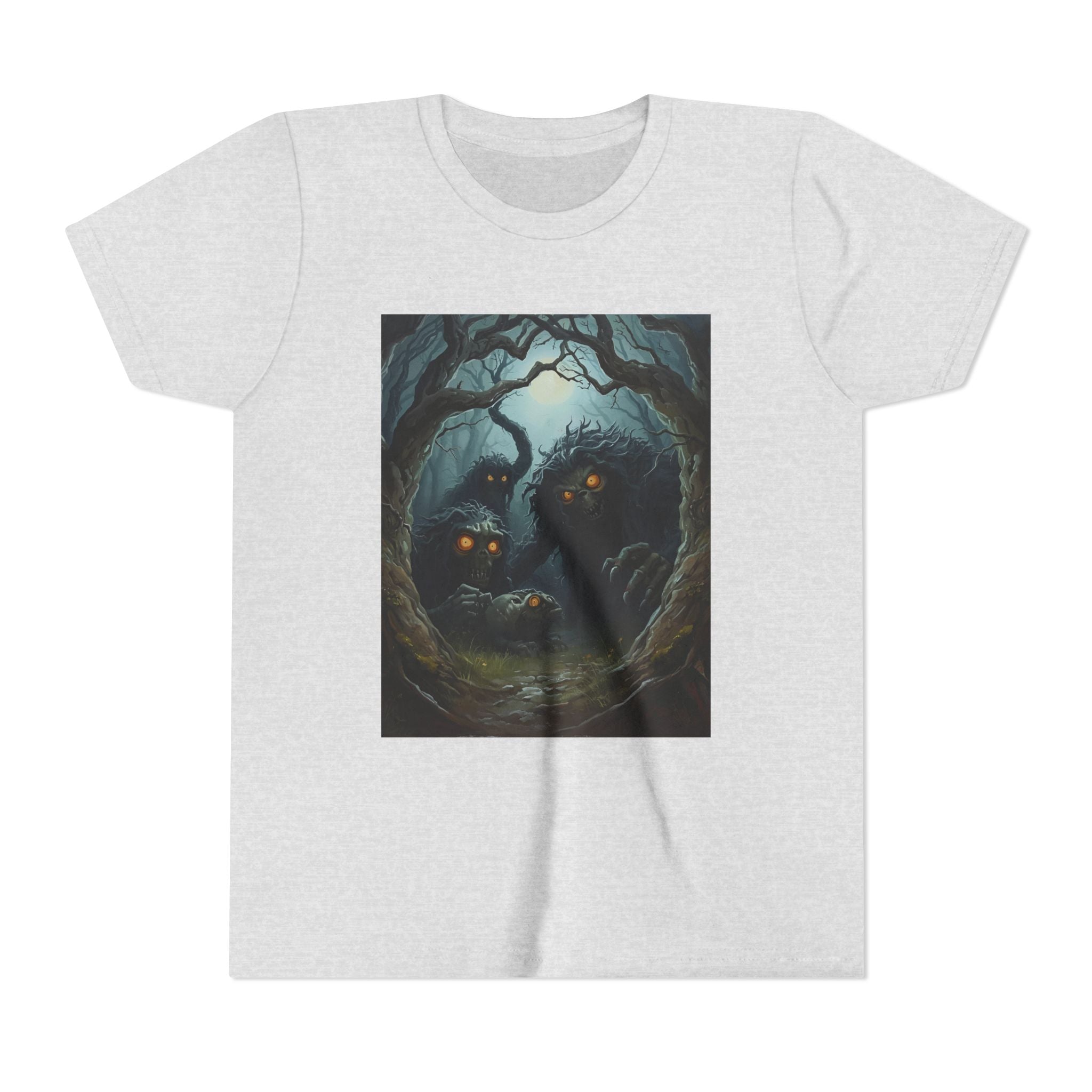 Spooky Mystical Forest Creatures Youth Tee, Cool Graphic T-Shirt, Kids Nature Shirt, Unique Gift for Boys & Girls, Perfect for Halloween